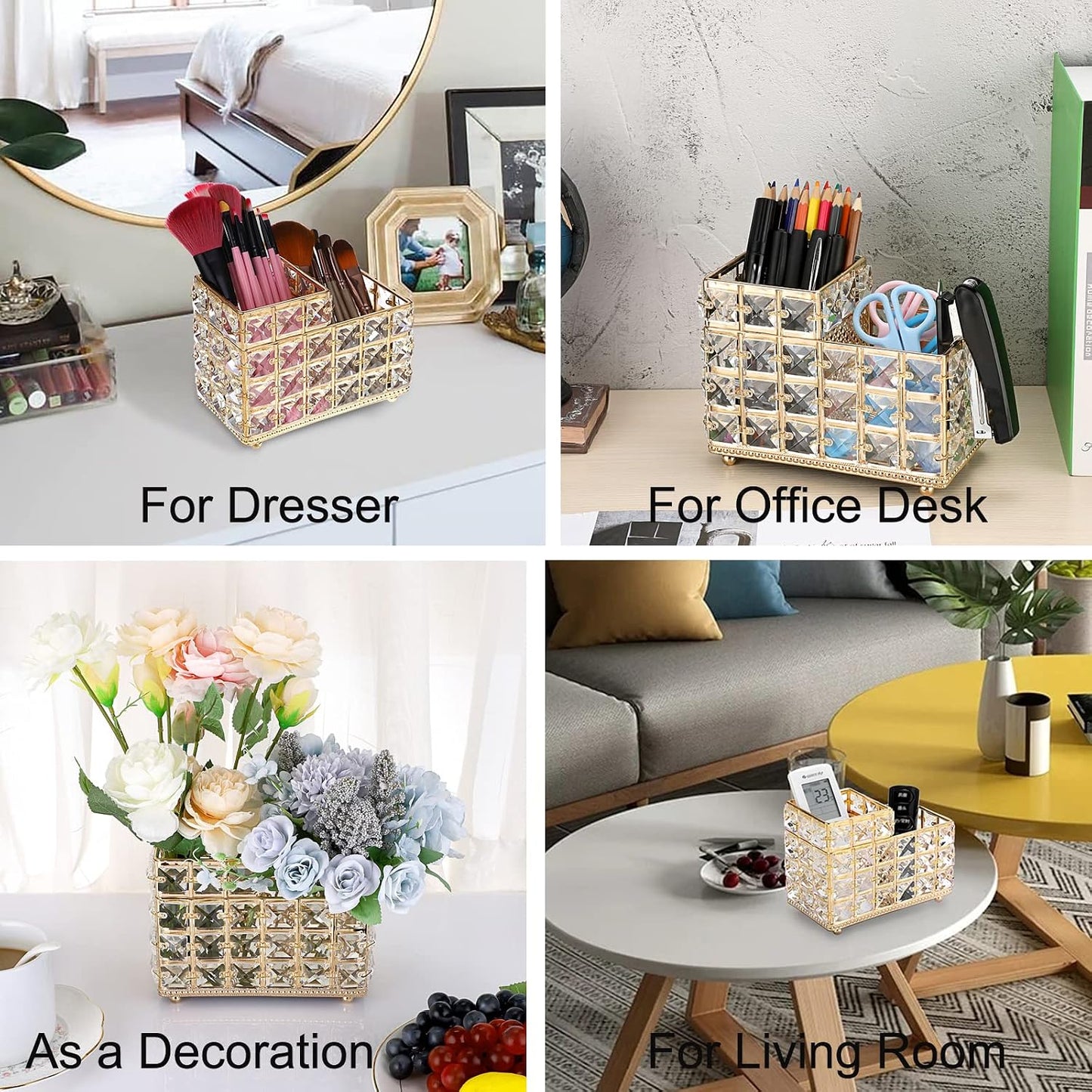 Crystal Remote Control Holder Gold Bling Makeup Brush Organizer Remote Caddy Candle / 2-slot, Gold