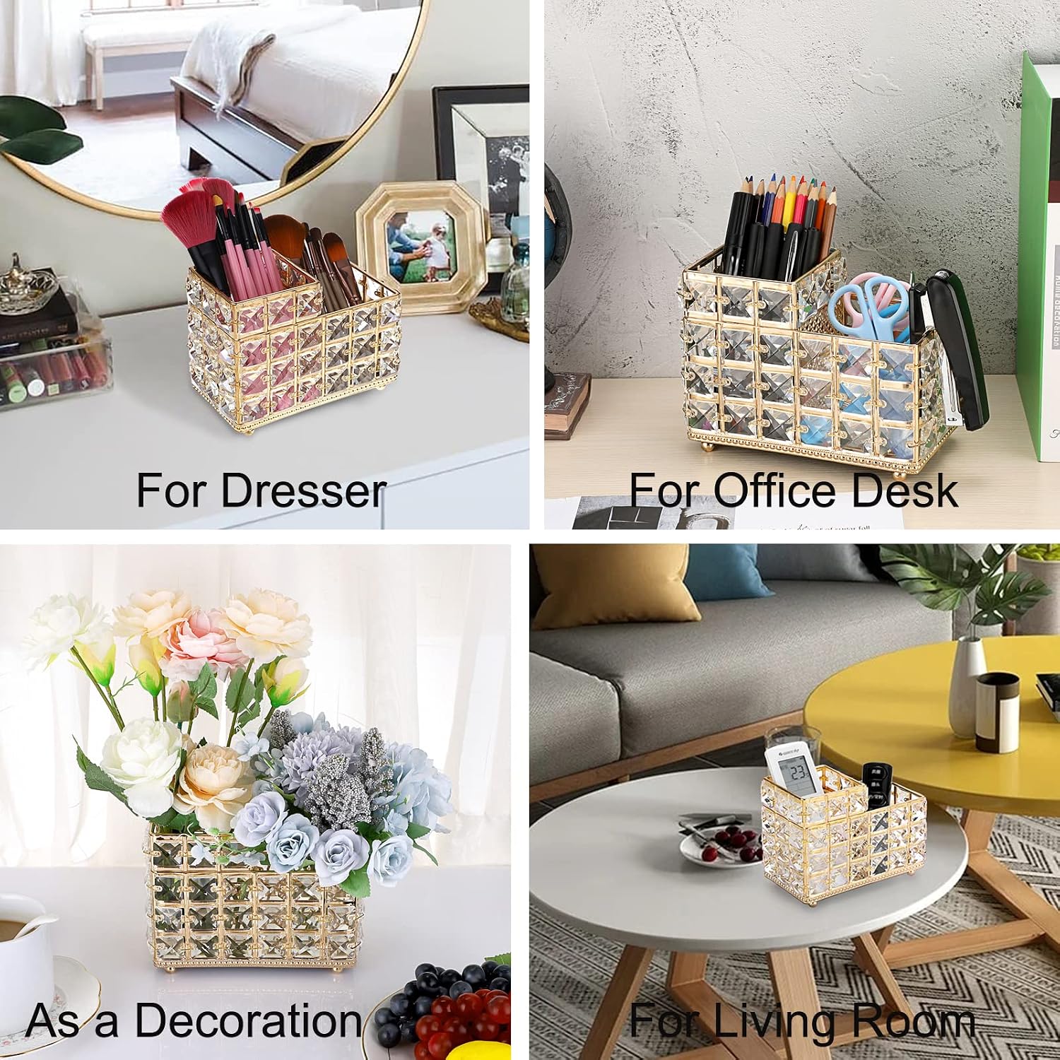 Crystal Remote Control Holder Gold Bling Makeup Brush Organizer Remote Caddy Candle / 2-slot, Gold