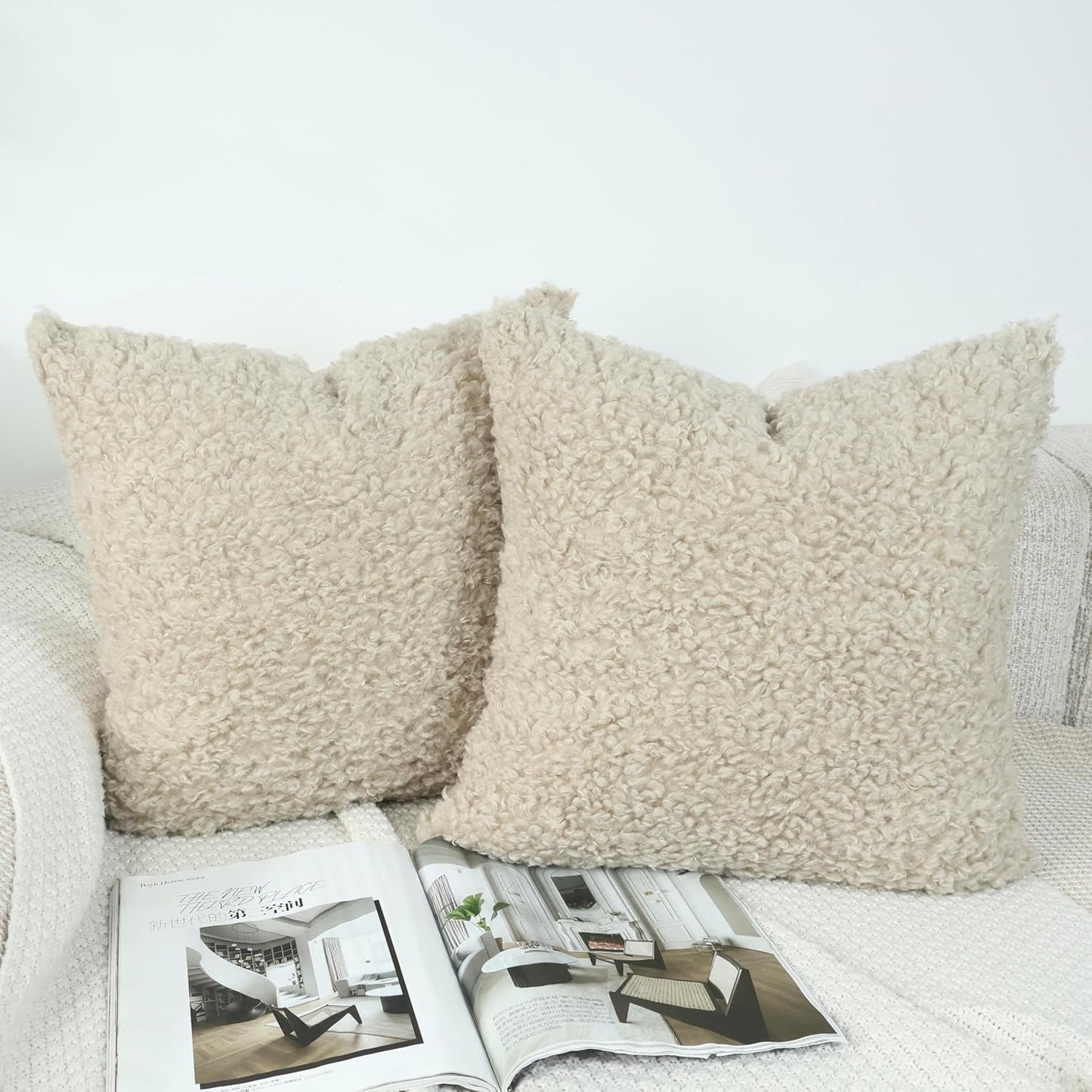 Faux Fur Decorative Pillow Covers Soft Fluffy Sherpa Boucle Throw / Oatmeal / 18 x 18 / Set of 2