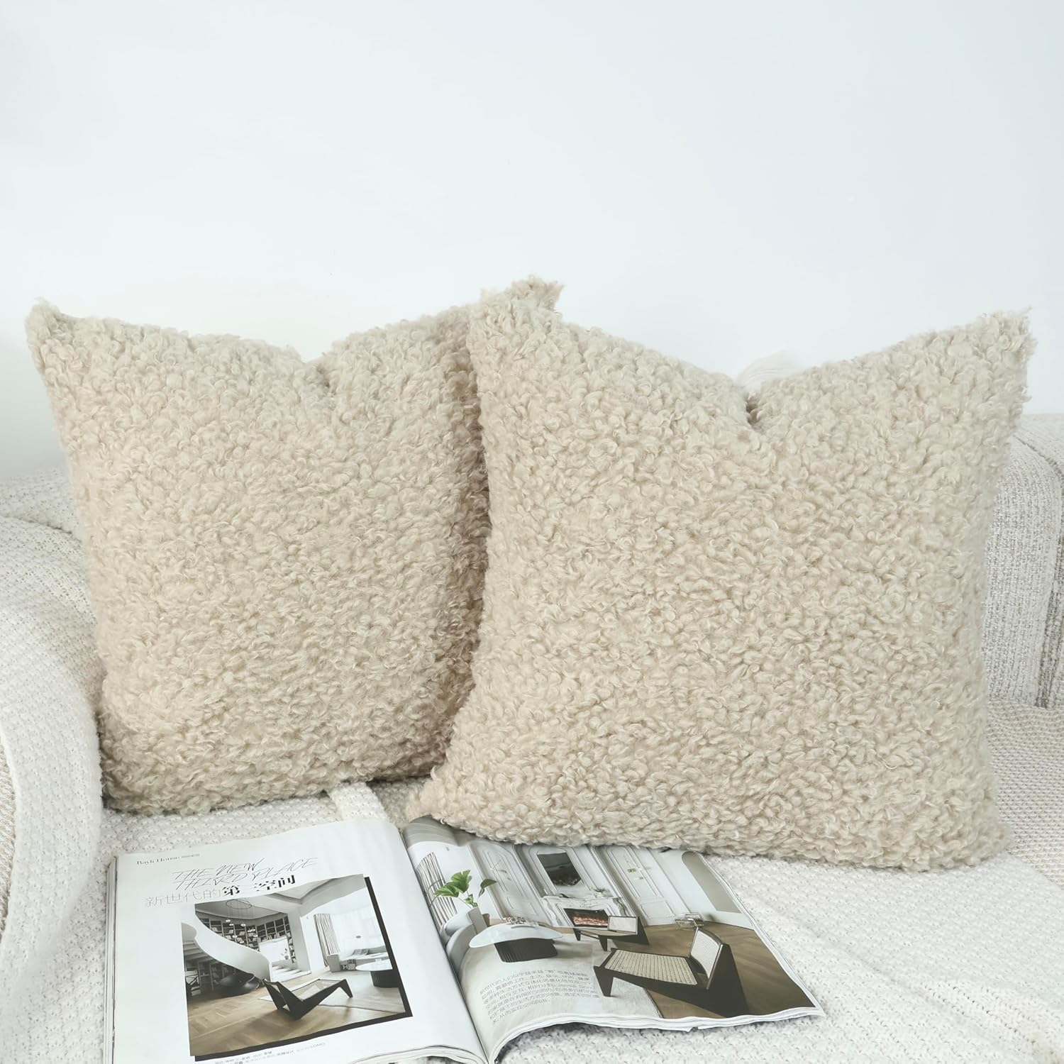 Faux Fur Decorative Pillow Covers Soft Fluffy Sherpa Boucle Throw / Oatmeal / 18 x 18 / Set of 2