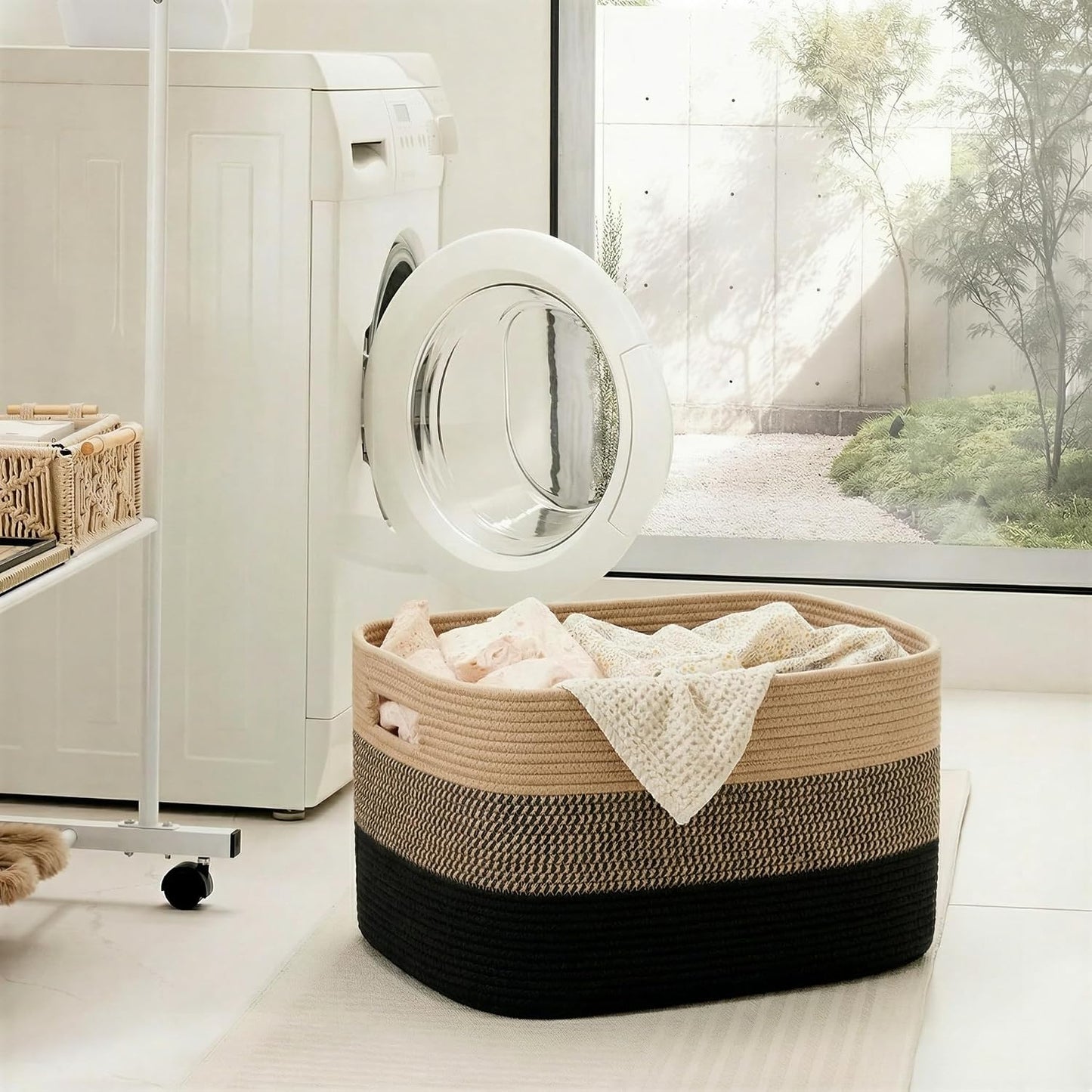 Rectangle Woven Baskets for Storage / Black&jute / 65L