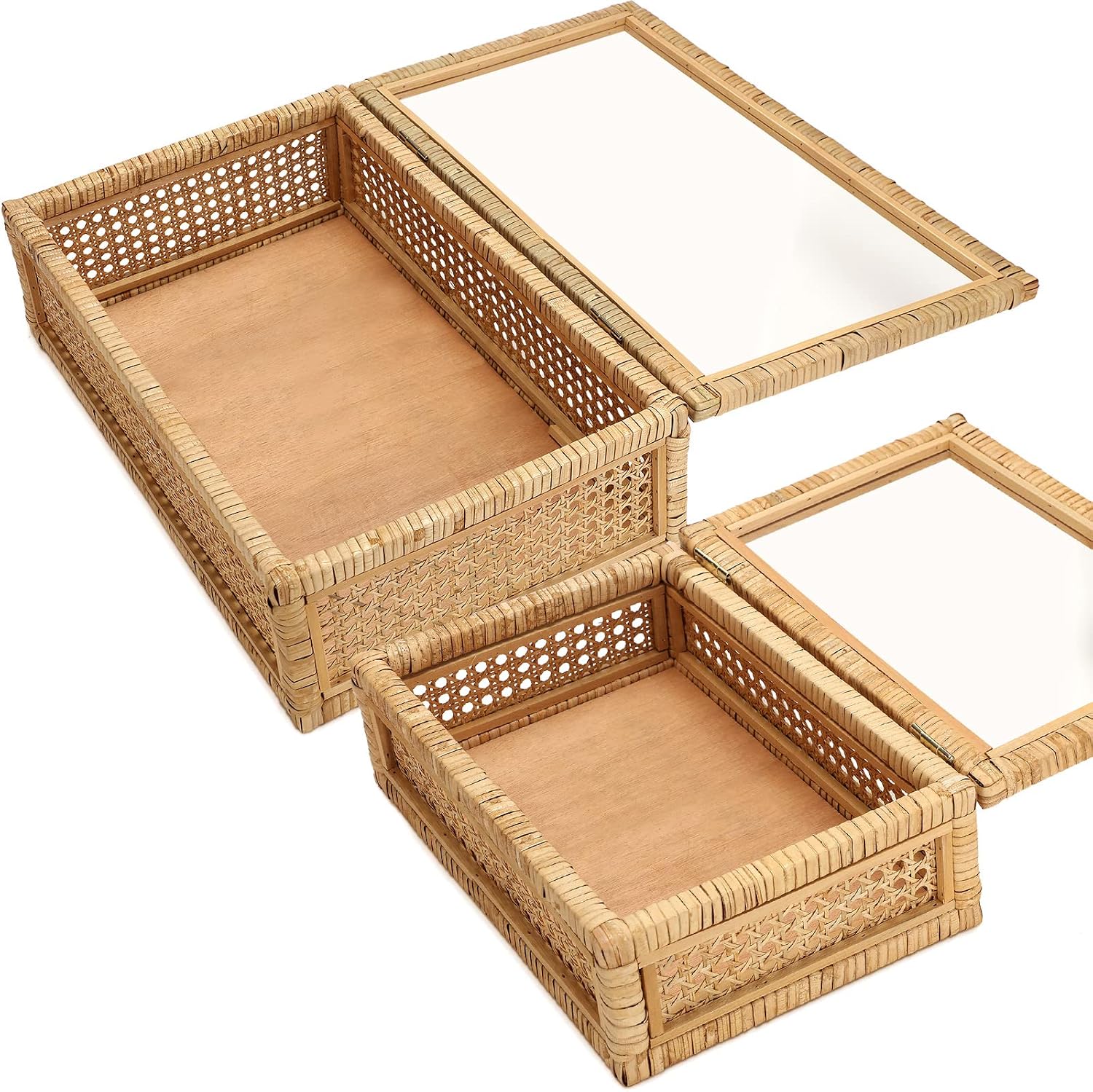 Glass Lids Decorative Woven Cane Boxes Multipurpose Square Basket / Set of 2