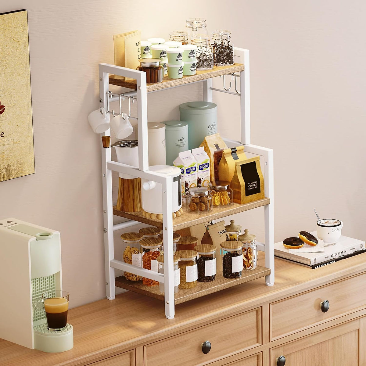 Kitchen Countertop Organizer, 3 Tier Large Spice Rack Organizer with Adjustable Shelf and 5 Hooks, Wooden Counter