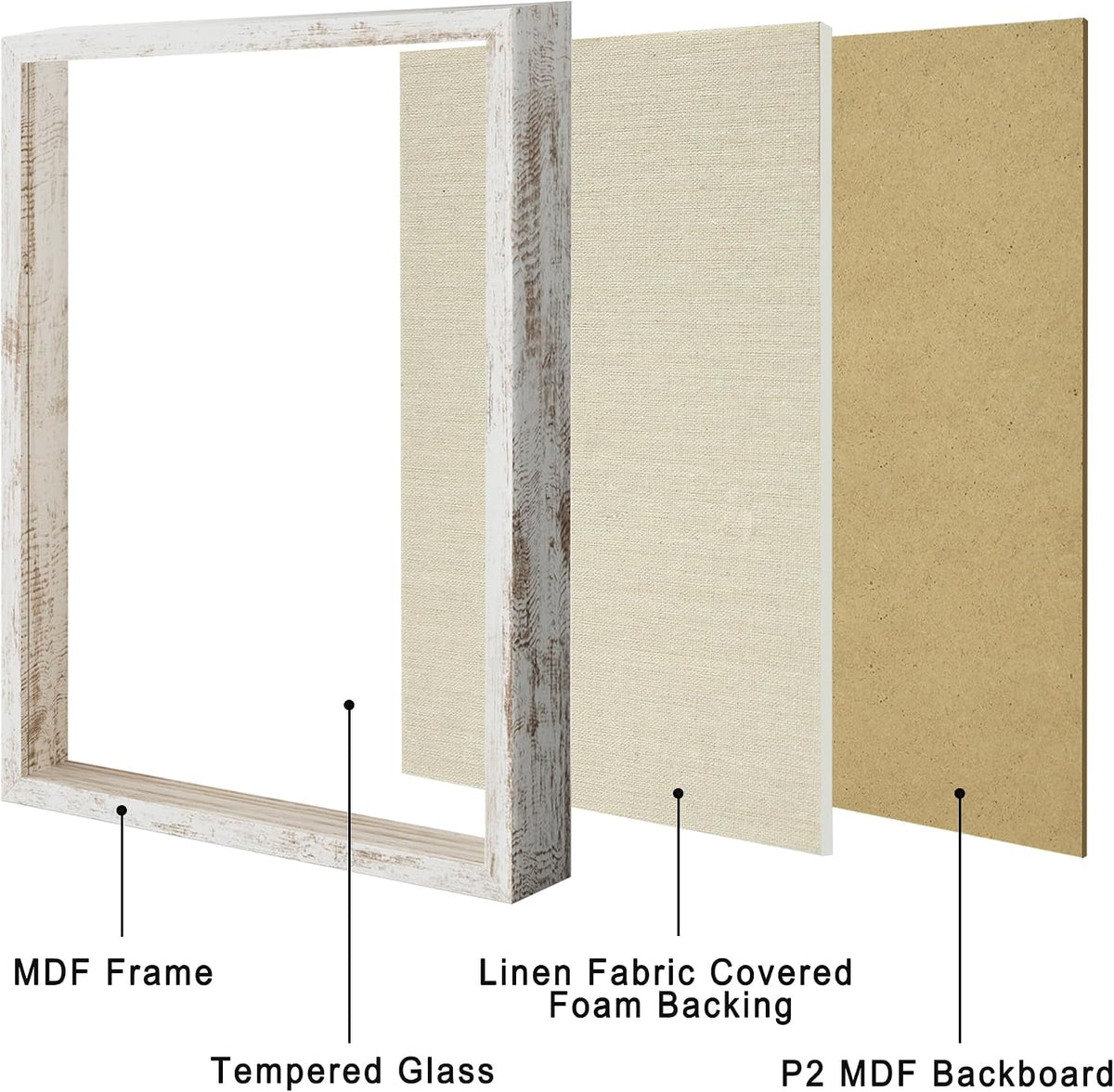 12x16 Large Shadow Box Picture Frame Display Case with Soft Linen Back, Distressed White Wooden Memory Shadow Box Frame
