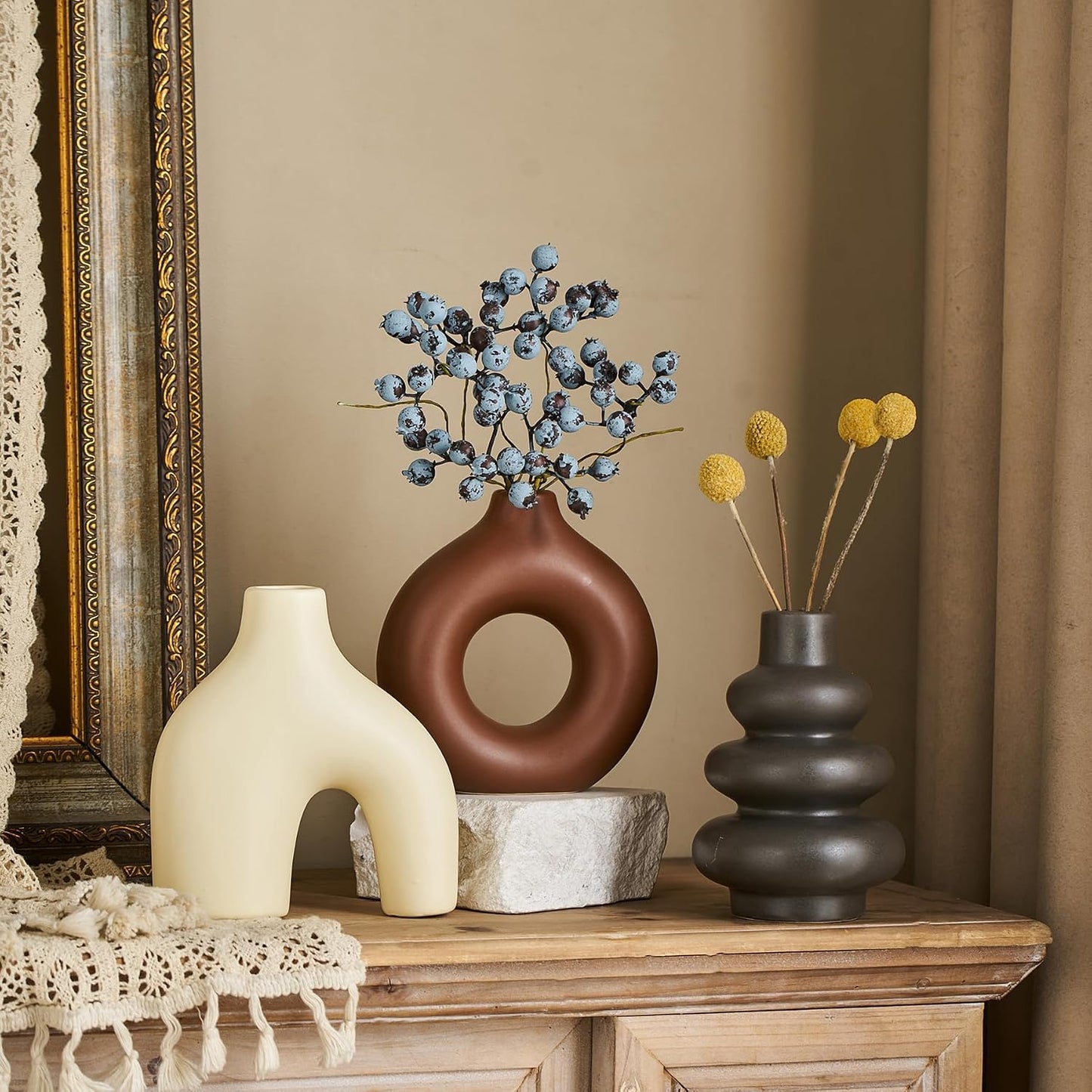 Modern Ceramic Decorative Vase / Cream Matte and Brown / Set of 3