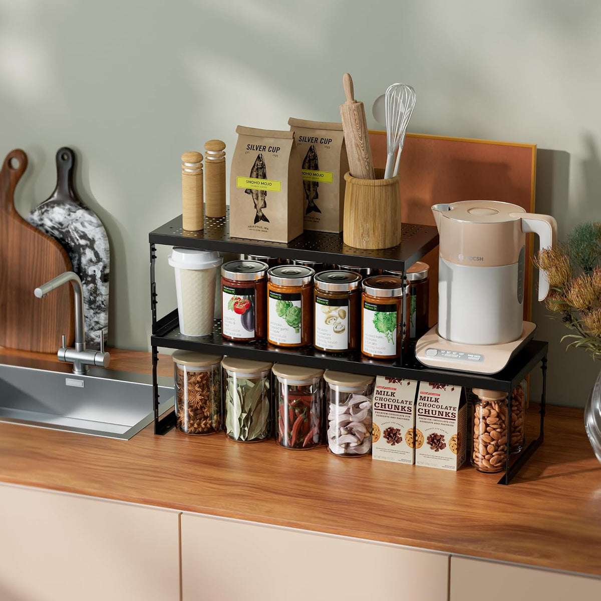 Jojocross Adjustable Stackable Metal Storage Shelf Organizer - Expandable Wire Rack with Perforations for Kitchen
