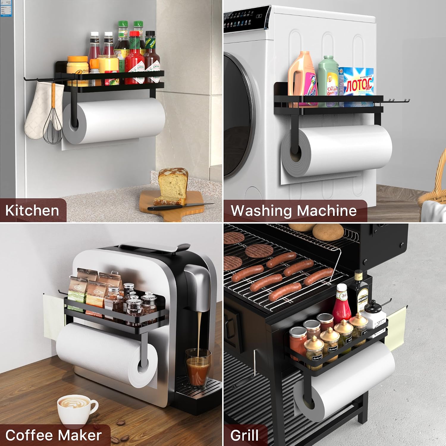 ZUNTO Magnetic Paper Towel Holder for Fridge, Strong Magnet, No Drill | Black Kitchen Organizer with Spice Shelf and 2