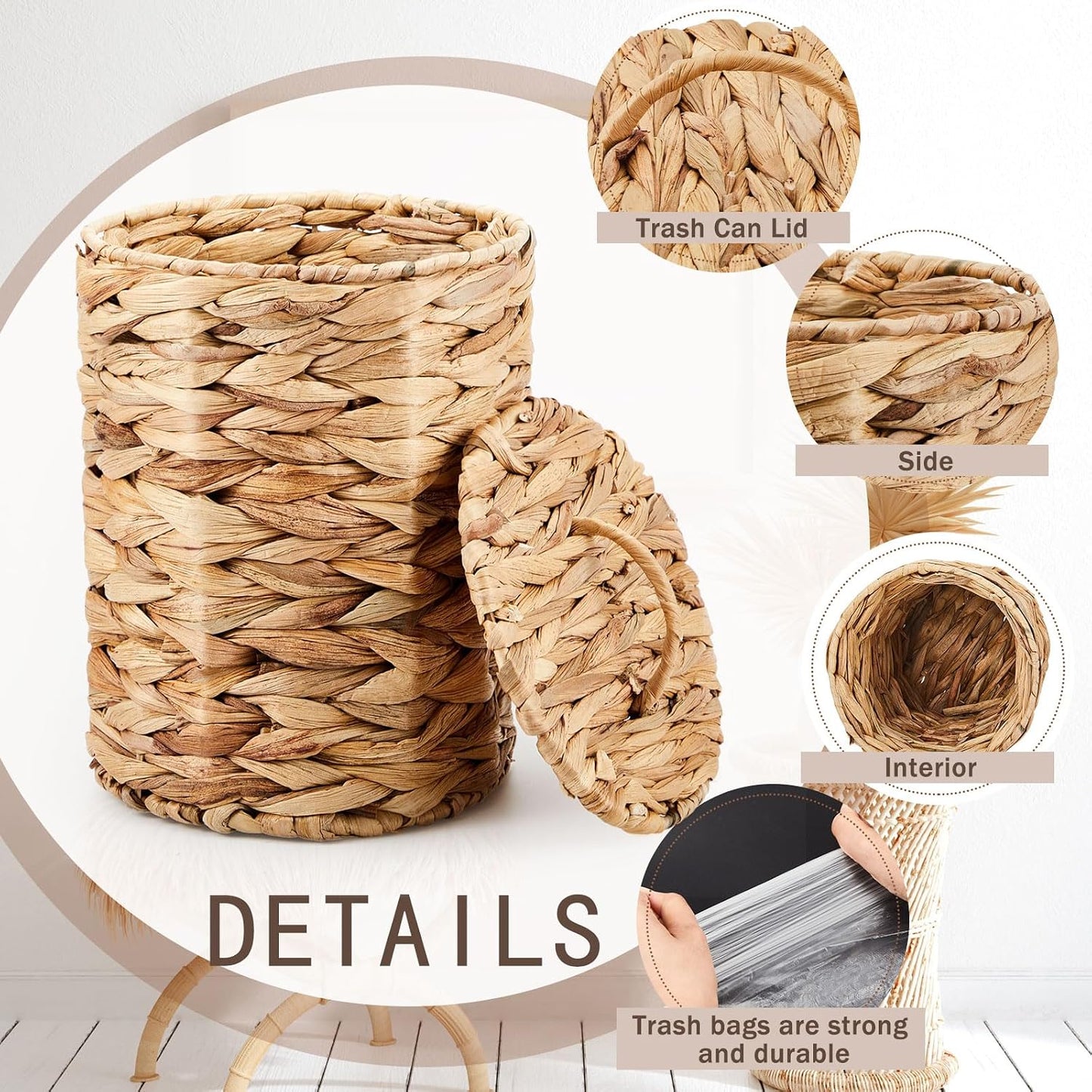 Lid Handle Boho Woven Braided Bathroom Waste Basket Trash Can / Natural / 1.3 Gallons / Round