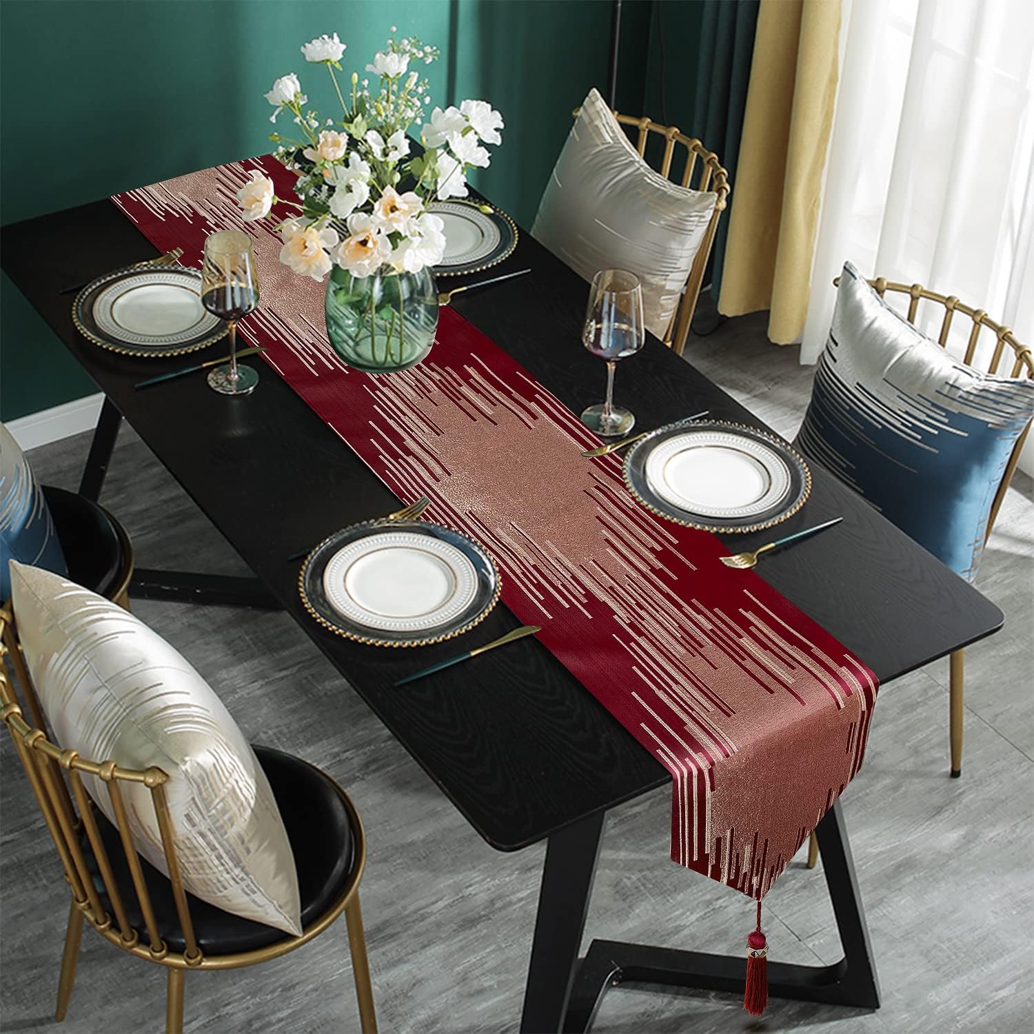 Luxury Red Faux Silk Table Runner,13"x120", Modern Geometric Lines, Tassel | Table Runners 120 Inches Long, Elegant
