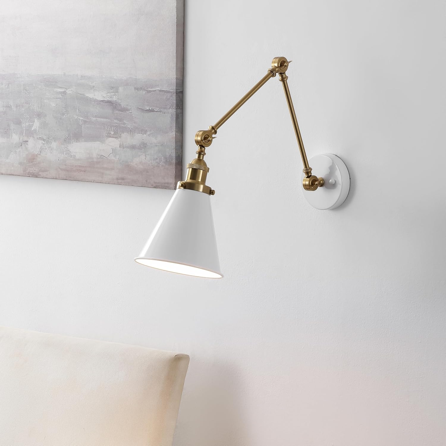 JONATHAN Y Rover 1-Light Wall Sconce 7", White/Brass Gold | Adjustable Arm, Hardwired Bedside Reading Swing Arm