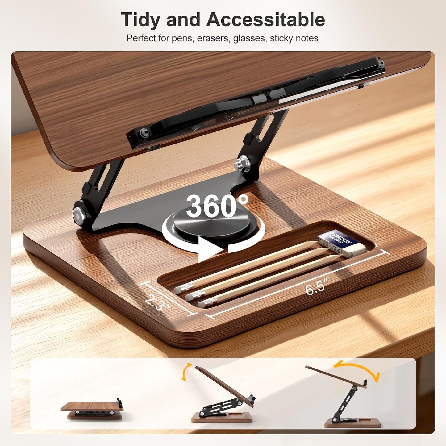 OPTIXCELL Book Stand for Reading, 360° Rotating Book Holder, Page Clips | Hands Free, Built-in Storage Tray, Adjustable