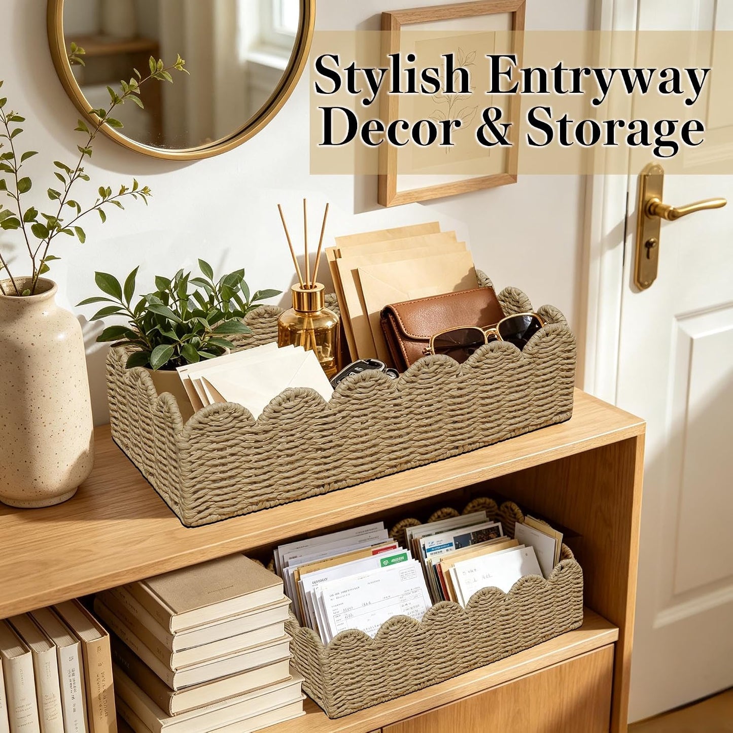 Scalloped Wicker Toilet Paper Storage Basket / Beige / Set of 2