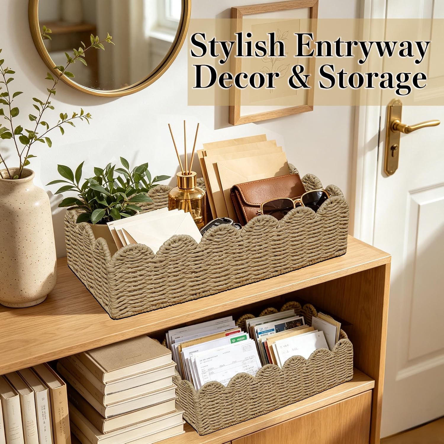 Scalloped Wicker Toilet Paper Storage Basket / Beige / Set of 2