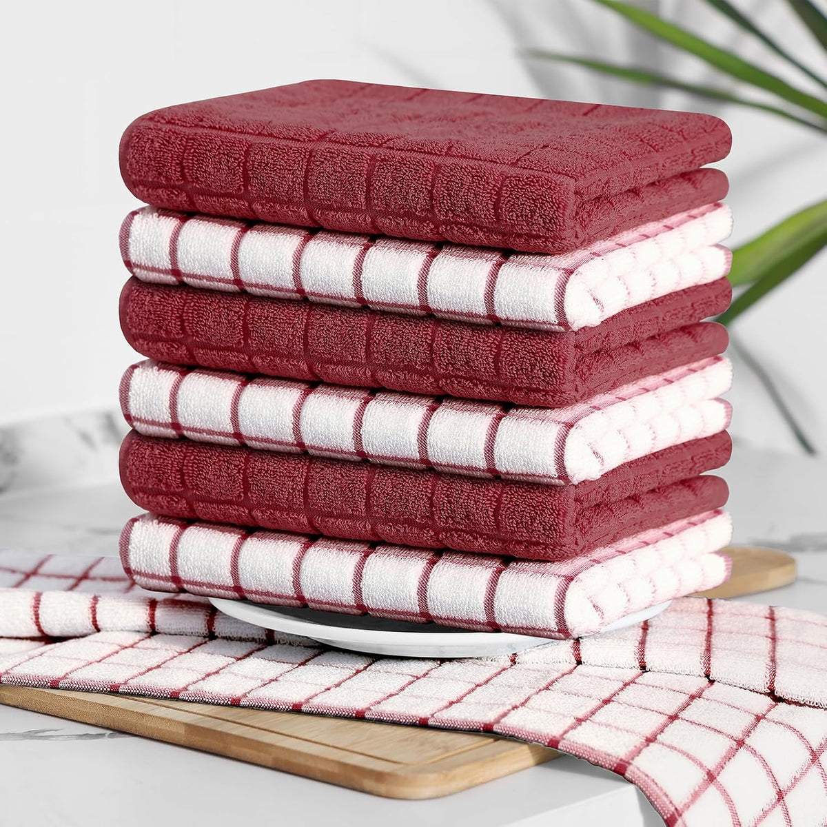 Homaxy Large Premium Cotton Kitchen Towels 16"x 28", 12 Pack, Red | Natural Ring Spun 390 GSM Dish Towels, Super