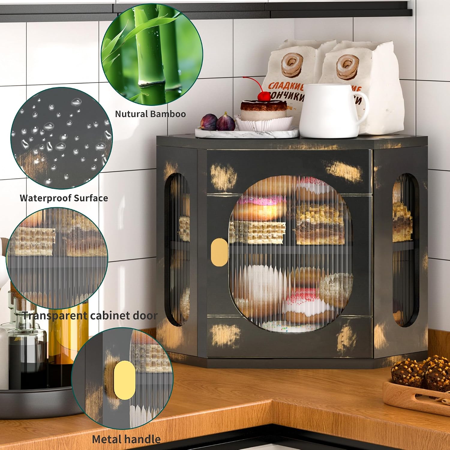 Corner Bread Box for Kitchen Countertop, Large Wooden Bread Box, Double Layer Bread Storage Bin, Bamboo Breadbox for
