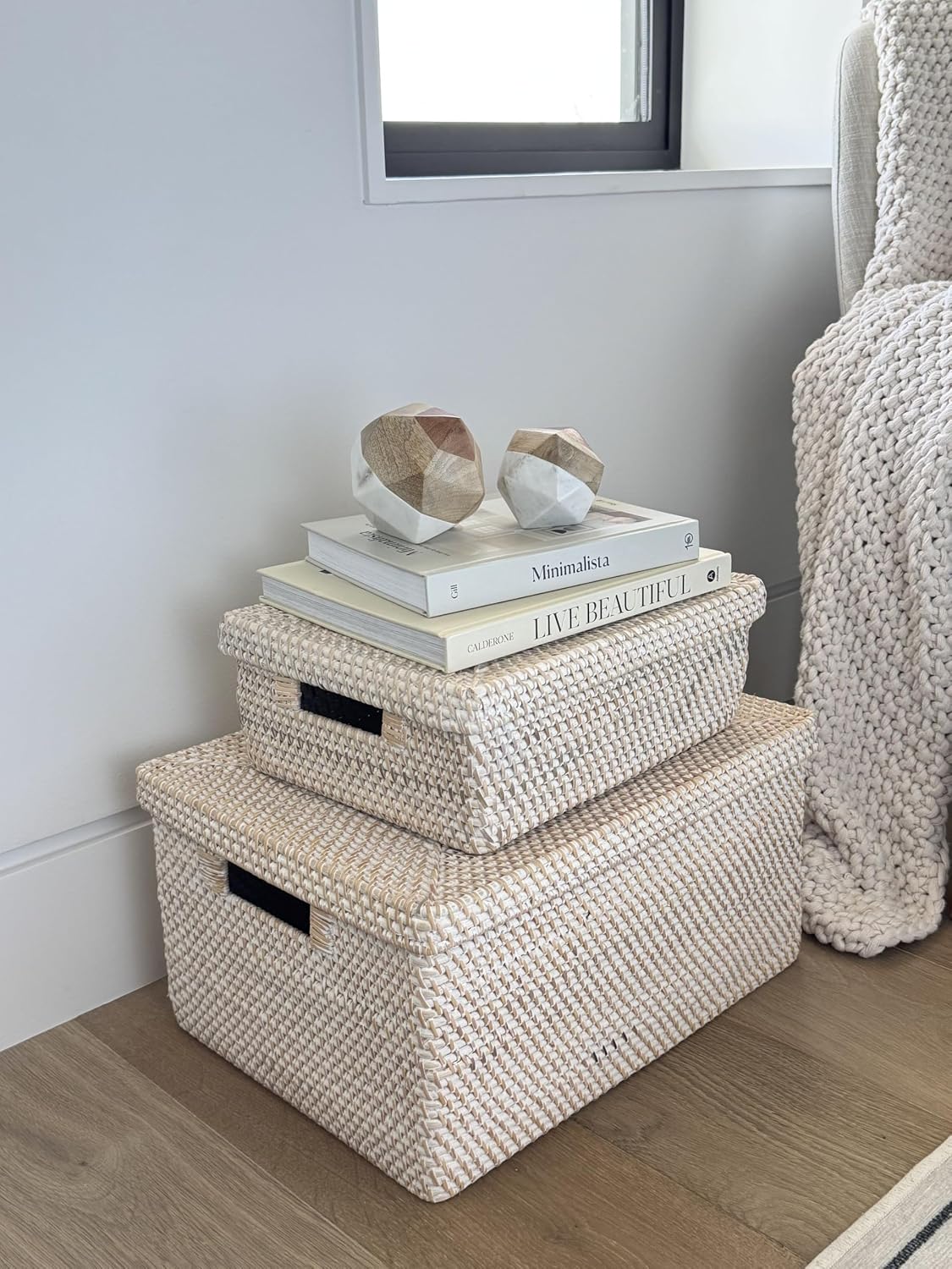 Rattan Storage Box and Decorative Basket / White Wash / 18.5 Inch
