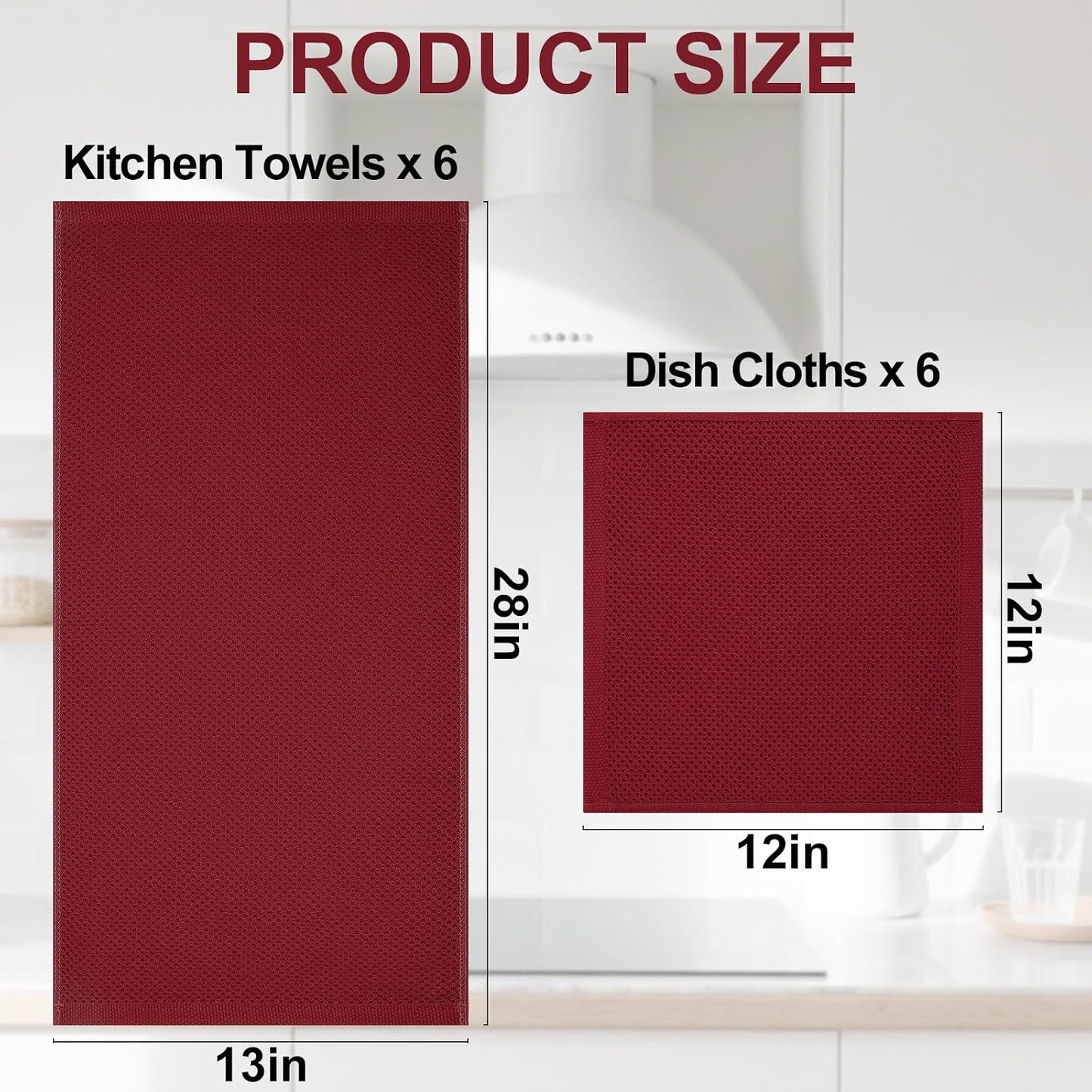 Homaxy 12 Pack 100% Cotton Kitchen Towels and Dishcloths Set, Burgundy | 12 x 12 Inches and 13 x 28 Inches Kitchen