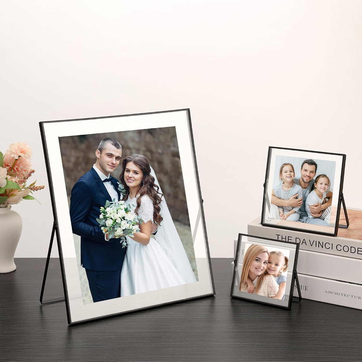 5x7 Triple Floating Frame,Metal Beaded Edge,Black | Tempered glass, adjustable tabletop/shelf photo frame, for photo