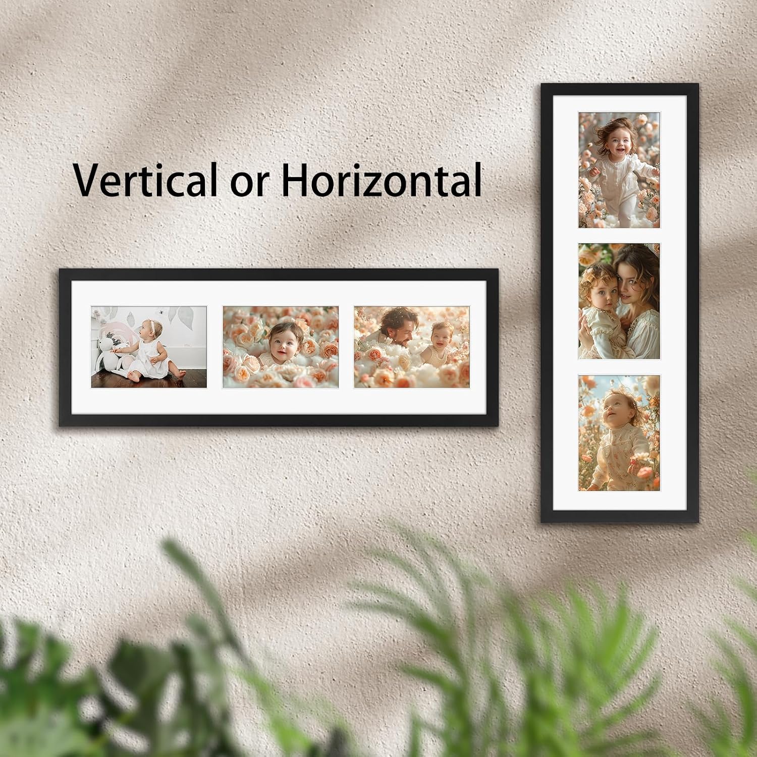 Giftgarden 5x7 Collage Picture Frame 3 Openings Horizontal, Textured Metal 8x24 Frame Matted to Three 5x7 Photos with