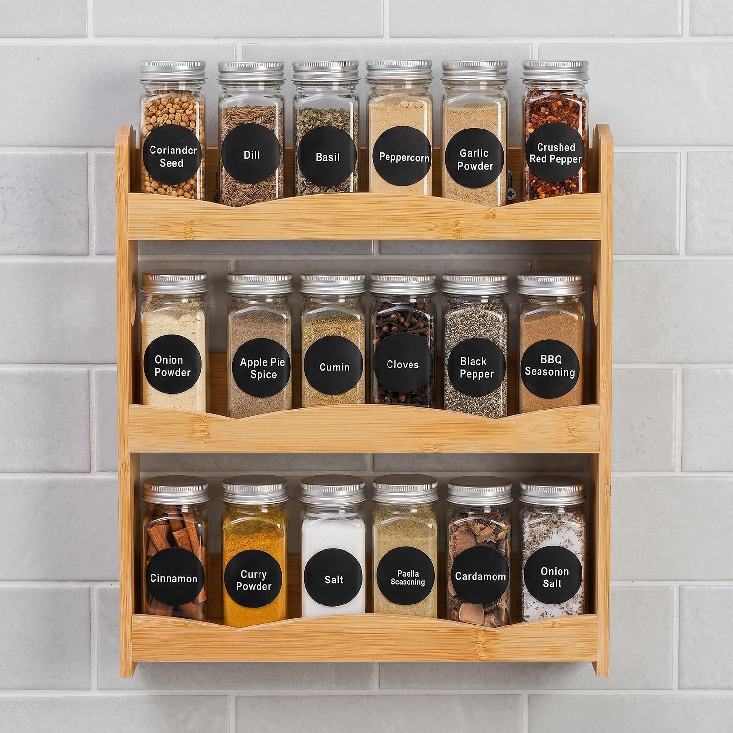 3-Tier Bamboo Spice Rack for Countertop, Wall Mounted Spice Holder Rack Seasoning Bottles Jar Organizer Shelf, Bathroom