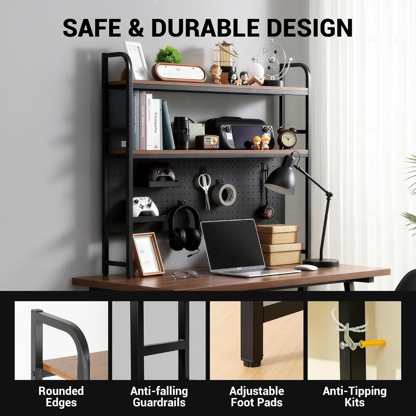 deli Desktop Shelf, Desk Hutch with Metal Pegboard, Black | 2-Tier Desktop Display Rack, 4 Accessories, Multipurpose