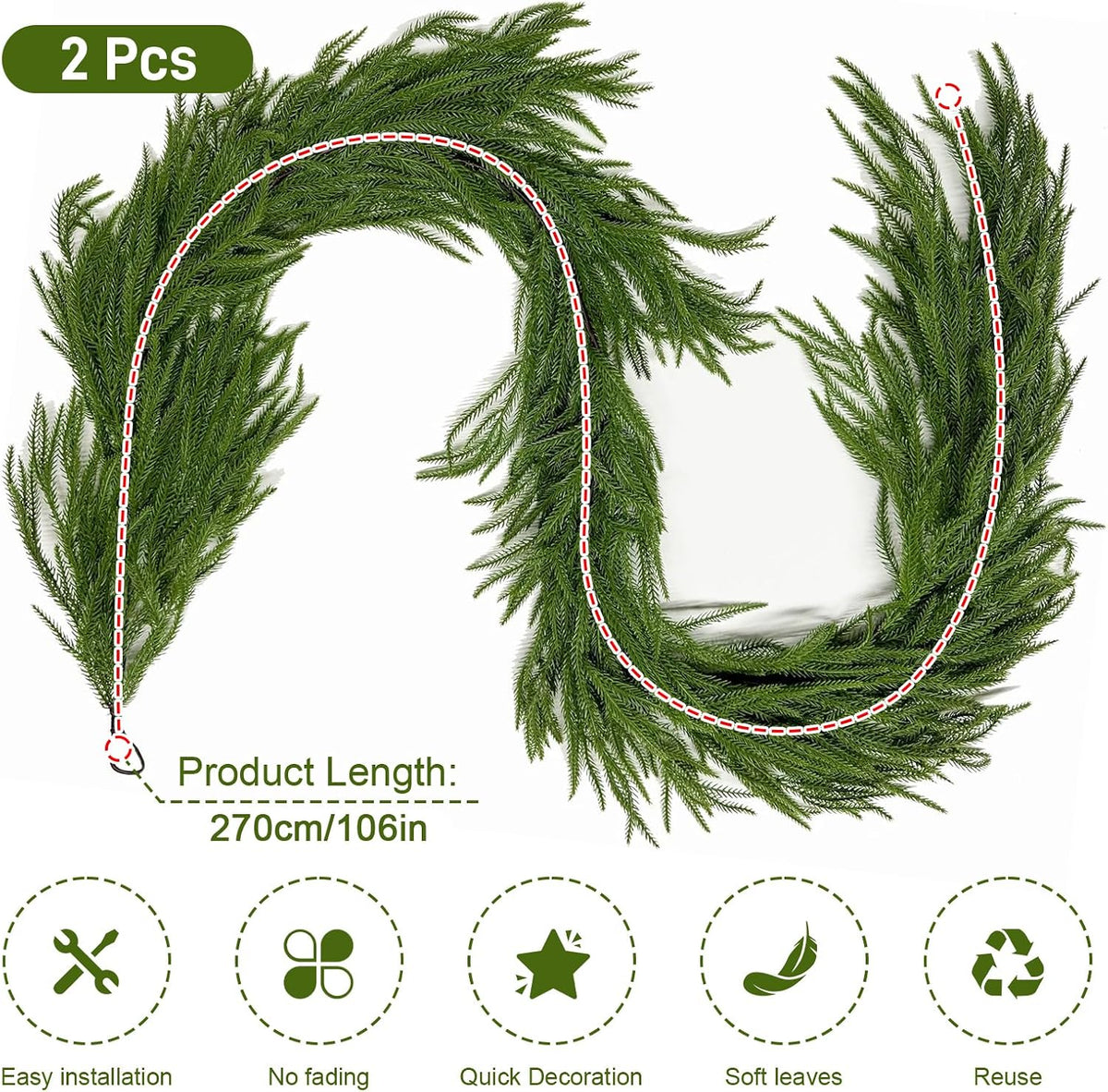 2Pcs 9FT Artificial Norfolk Pine Garland, Real Touch Christmas Garlands | Realistic Faux Greenery Soft Textured Winter