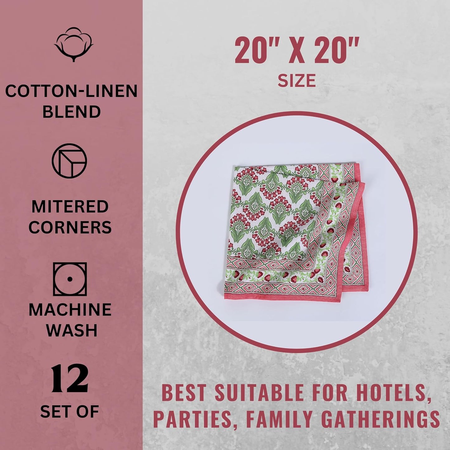 FINGERCRAFT Cloth Napkins Set of 12 Cotton Linen, 20x20 in Border Camellia | Mitered corner, washable, soft, absorbent