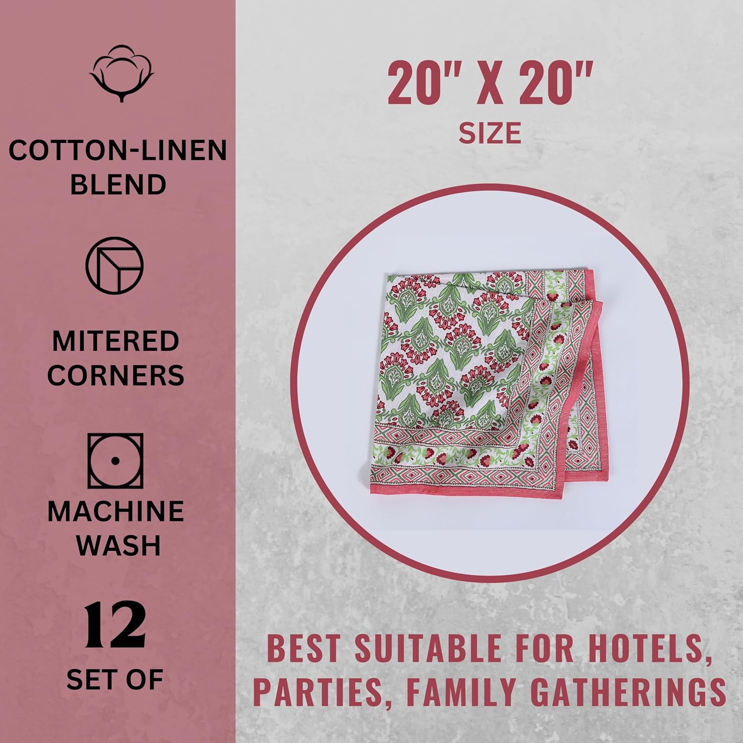 FINGERCRAFT Cloth Napkins Set of 12 Cotton Linen, 20x20 in Border Camellia | Mitered corner, washable, soft, absorbent