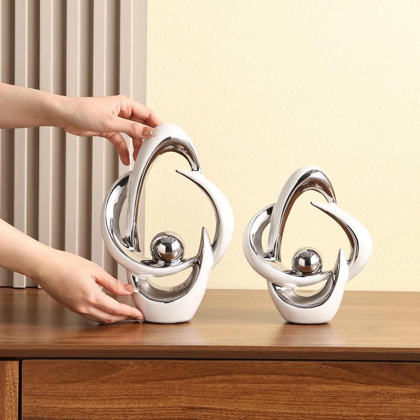 Ceramic Statues Home Decor Modern Aesthetic Abstract Art Decorative / White and Silver / Set of 2