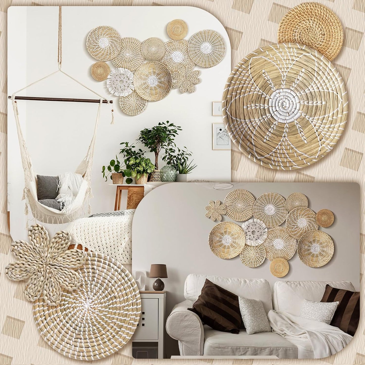Boho Hanging Wall Basket Decor Handmade Woven Basket Wall Decorative Boho Wicker / Fresh / Set of 11
