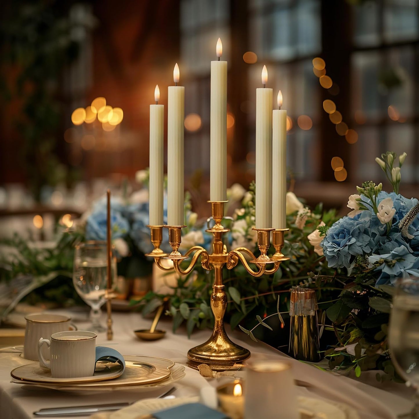 10" Fluted Ribbed LED Ivory Grooved Real Wax Taper Candles, Remote & 24h Timer Memory, On/Off Switch - Flameless