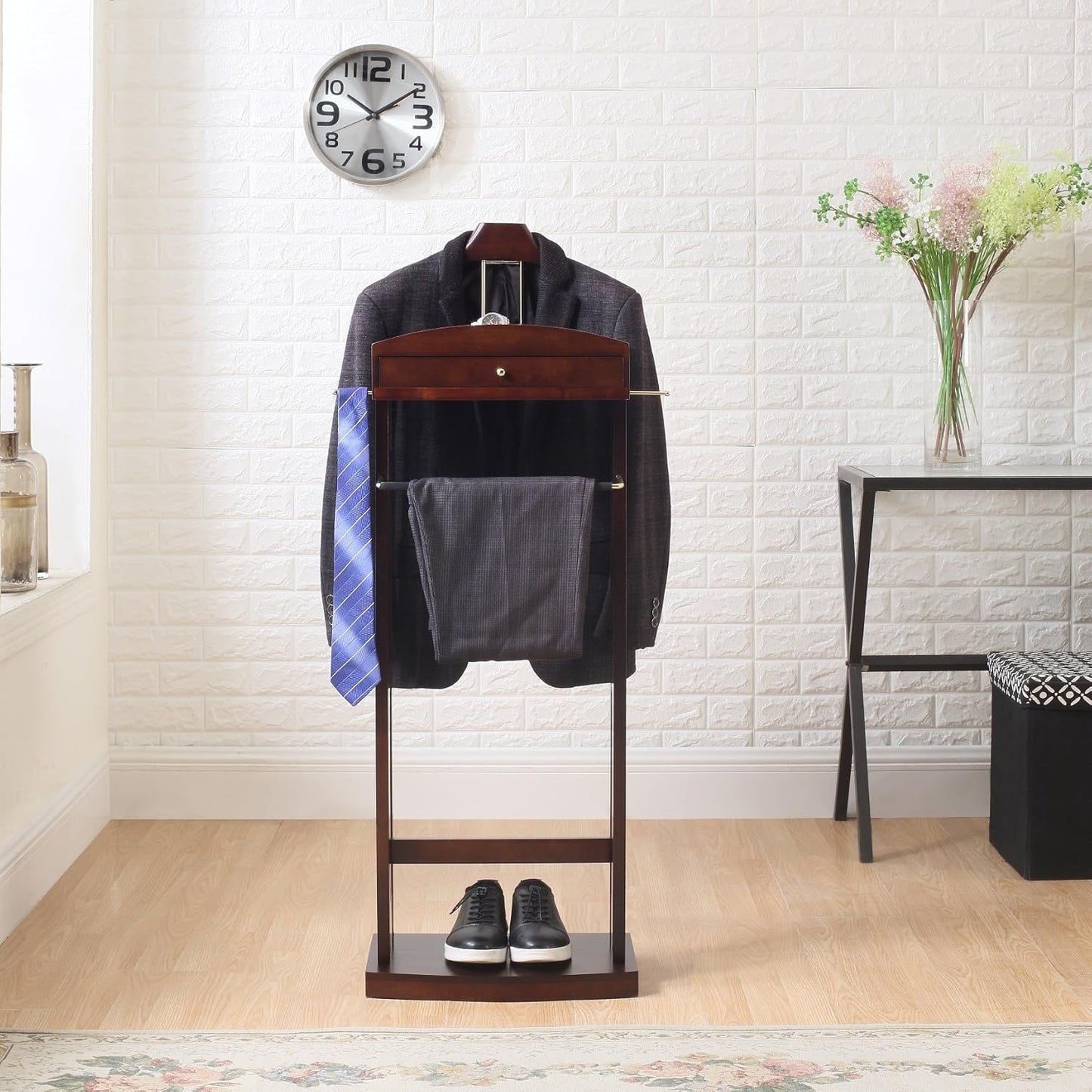 Proman Products Milan Valet Stand with Drawer, Top Tray, Contour Hanger, Trouser Bar, Tie & Belt Hooks and Shoe Rack