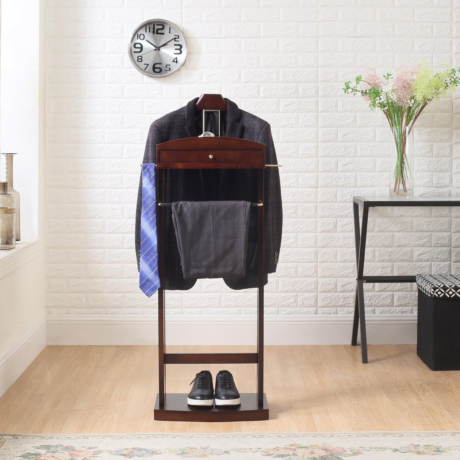 Proman Products Milan Valet Stand with Drawer, Top Tray, Contour Hanger, Trouser Bar, Tie & Belt Hooks and Shoe Rack