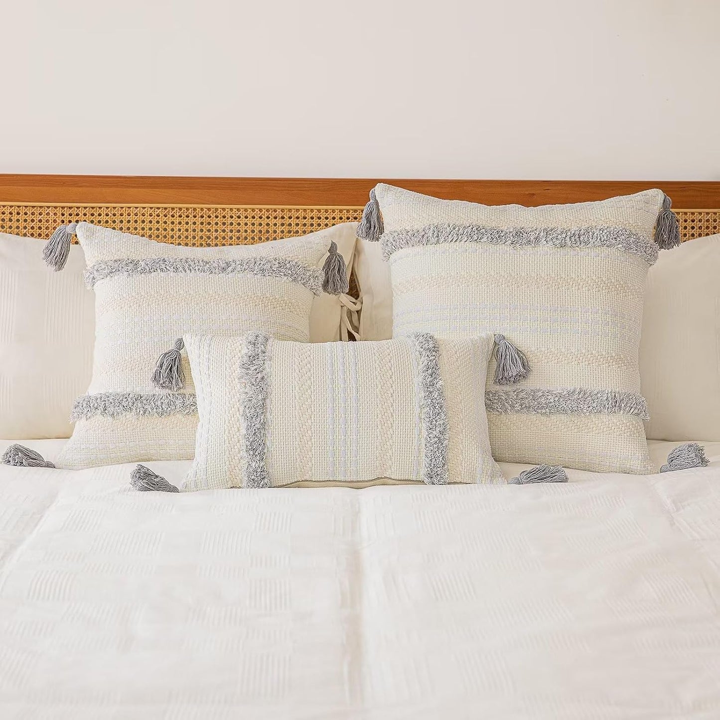 Boho Throw Pillow Covers Woven Tufted Farmhouse Pillows Cover / Light Grey / 20 x 12 / Set of 2