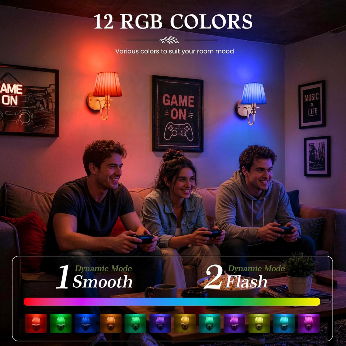 6000mAh Battery Operated Wall Sconces Set of 2, Gold, 10.6 Inch | Dimmable, 15 RGB, Renter Friendly, Rechargeable