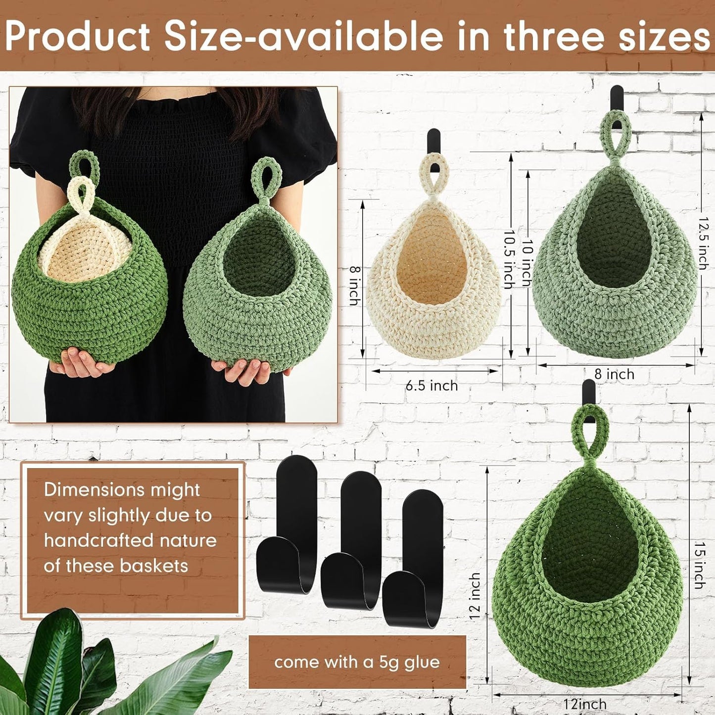 Boho Decor Hanging Wall Baskets / Sage Green, Light Green, White / Cotton Rope / Teardrop / Set of 3