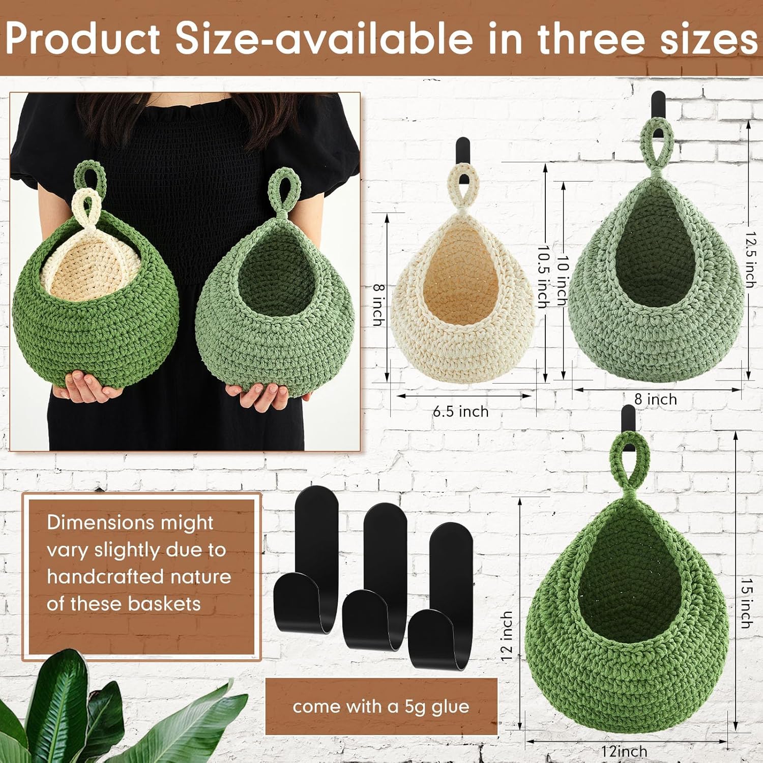Boho Decor Hanging Wall Baskets / Sage Green, Light Green, White / Cotton Rope / Teardrop / Set of 3