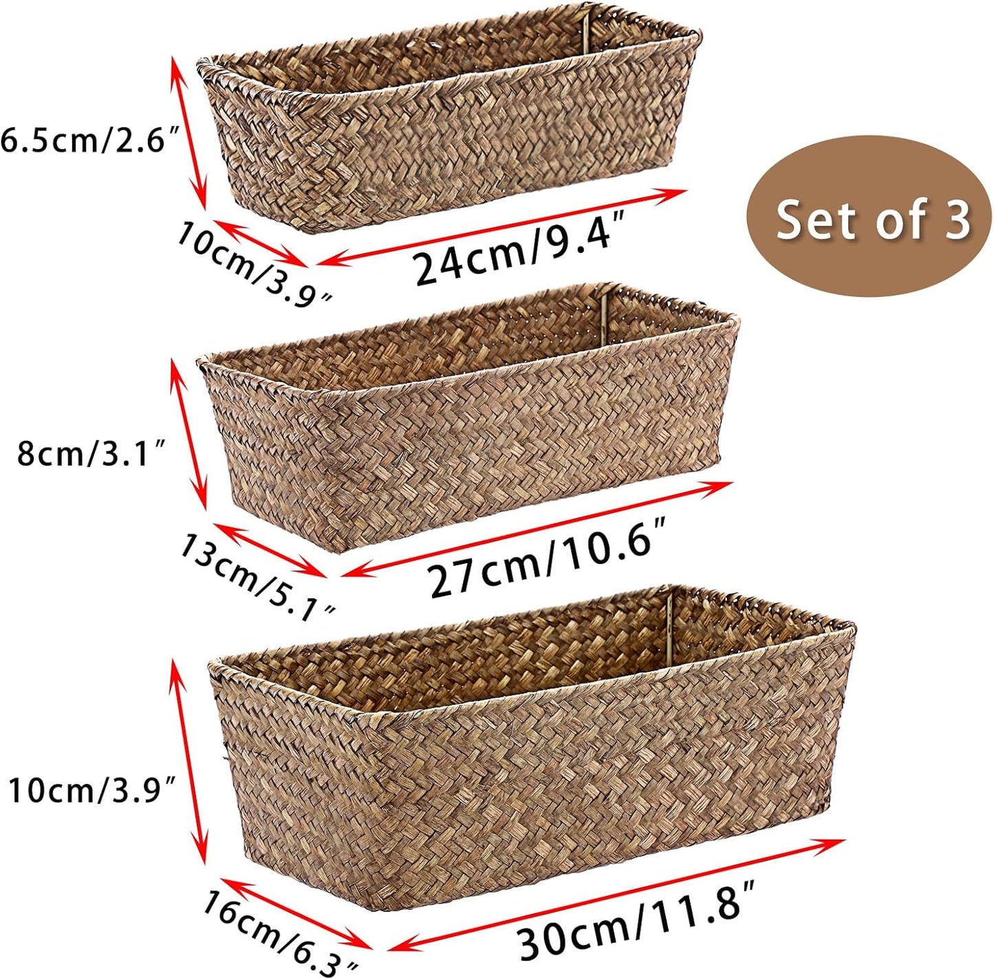 3 Wicker Basket Set Rectangular Handwoven Seagrass Basket Storage Bins / Coffee / Natural / Set of 3