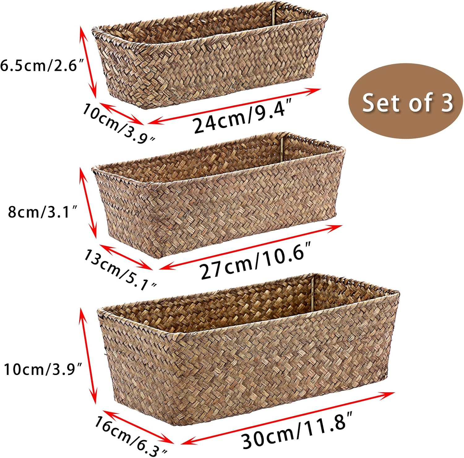 3 Wicker Basket Set Rectangular Handwoven Seagrass Basket Storage Bins / Coffee / Natural / Set of 3