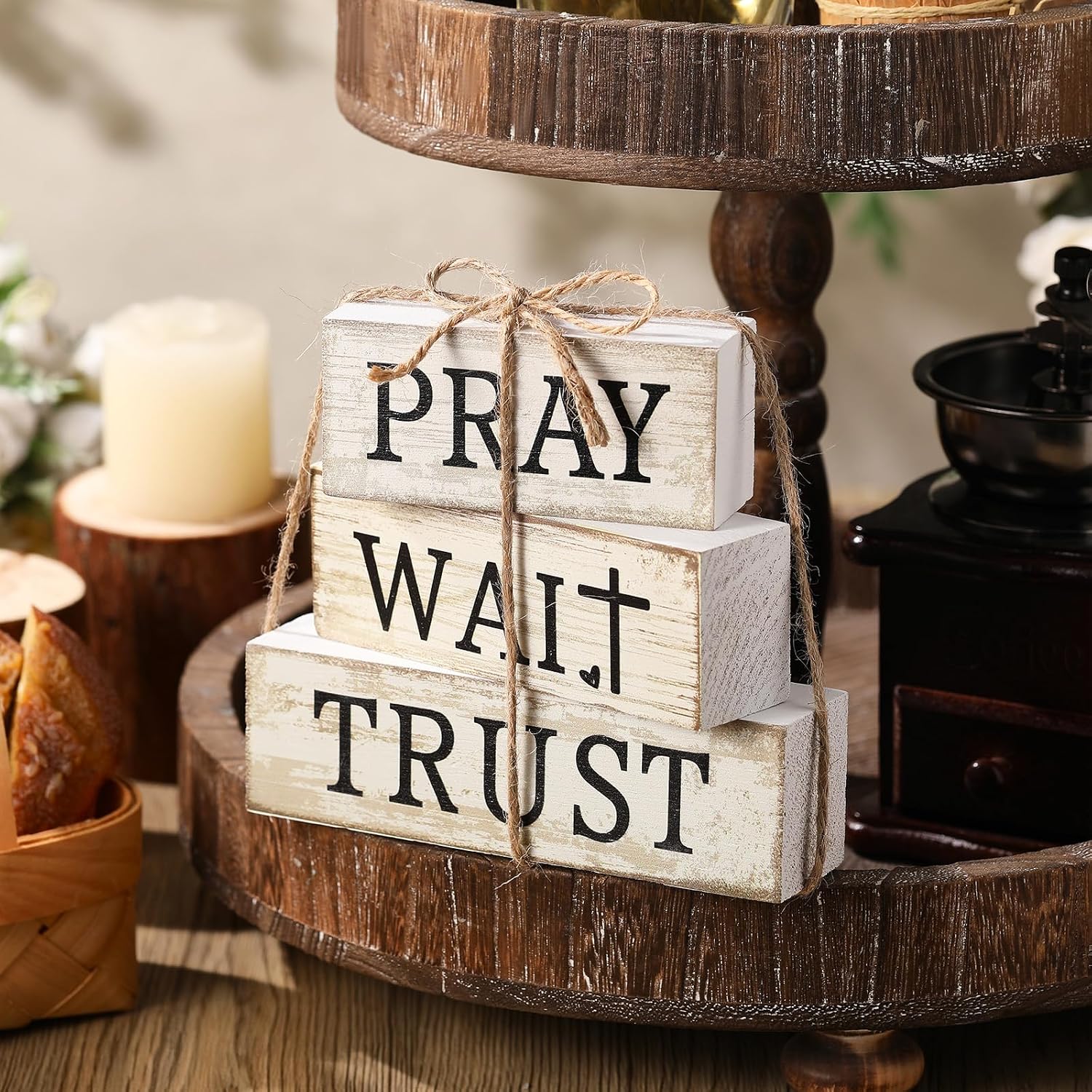 Farmhouse Wooden Table Decor Christian Tiered Tray Decorations Rustic / Pray / White / Set of 4