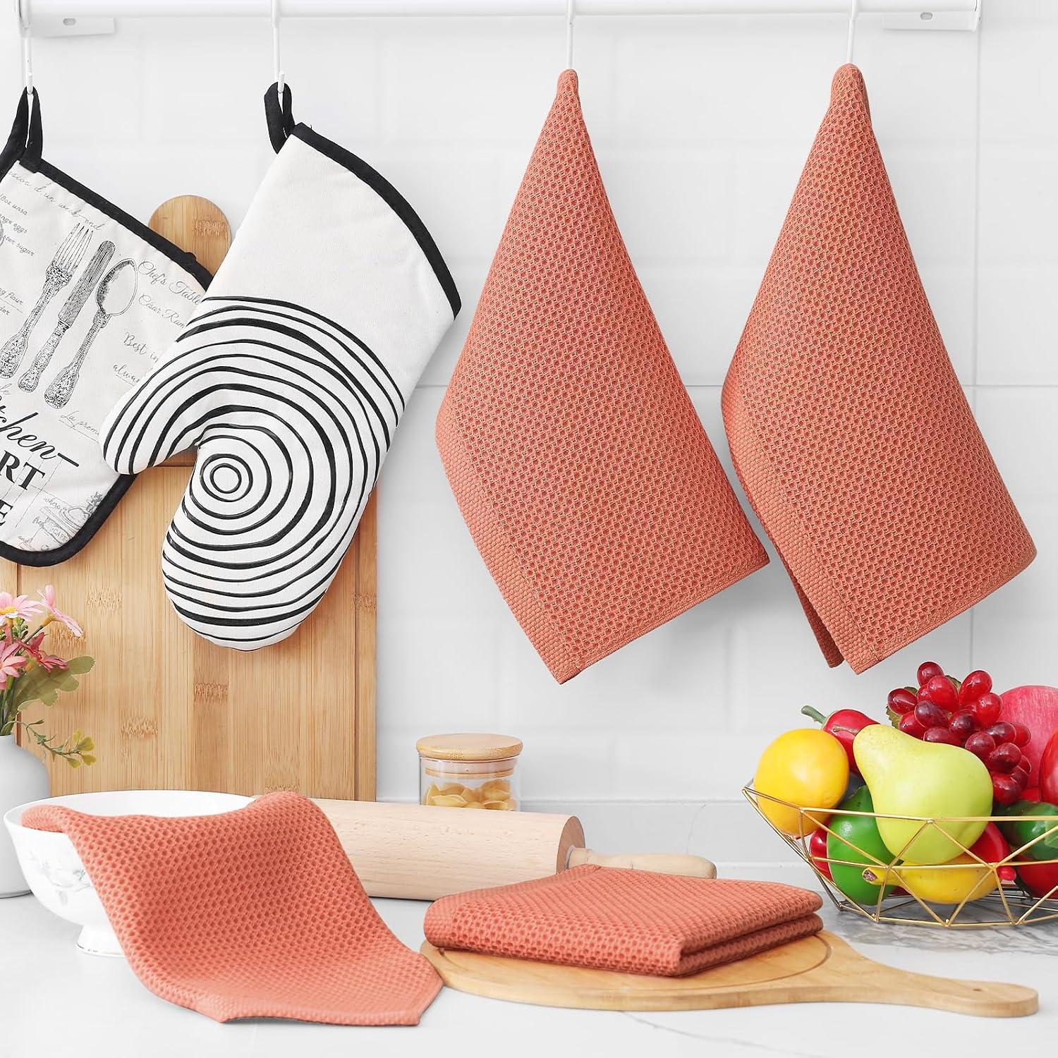 Homaxy 100% Cotton Waffle Weave Kitchen Dish Cloths 8-Pack, Coral | 12 x 12 Inches, Ultra Soft Absorbent Dish Towels