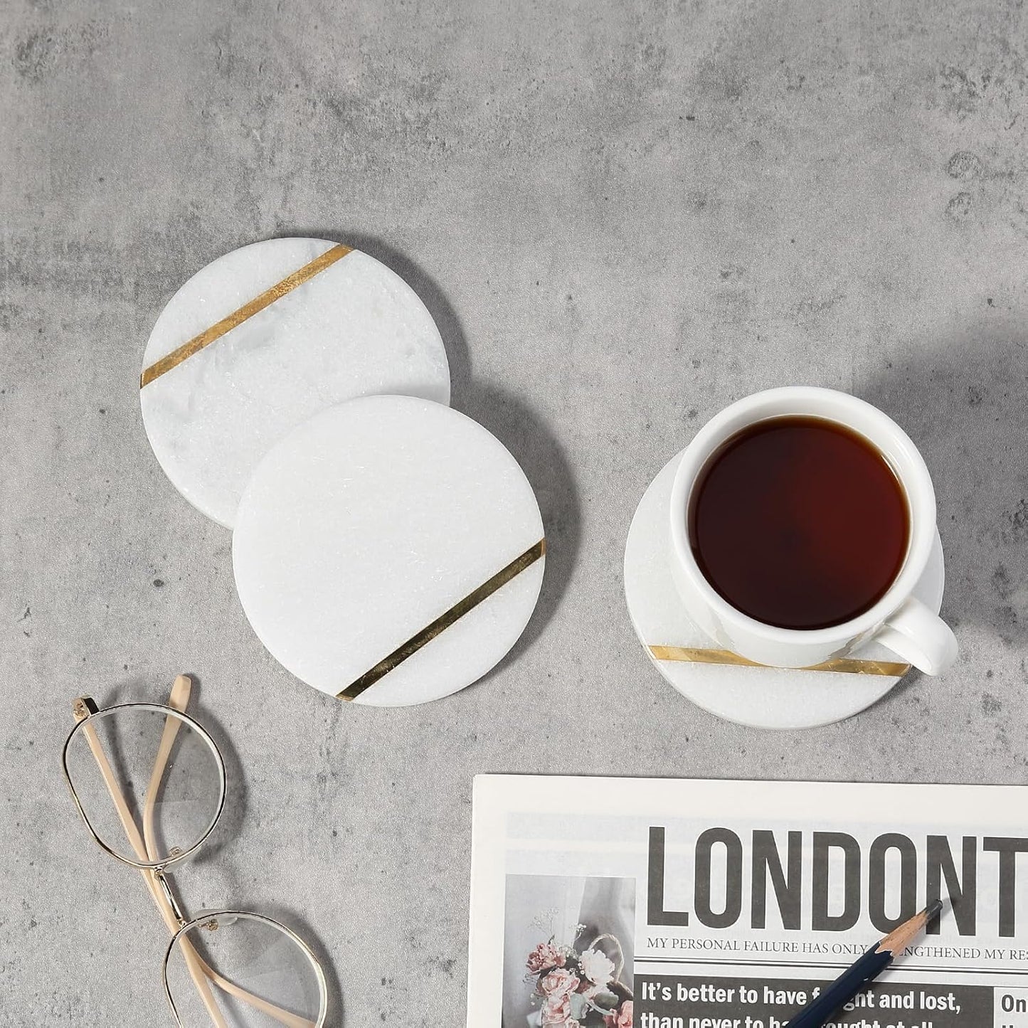 4" Stone Coaster for Drinks Coffee / White&gold / Set of 4