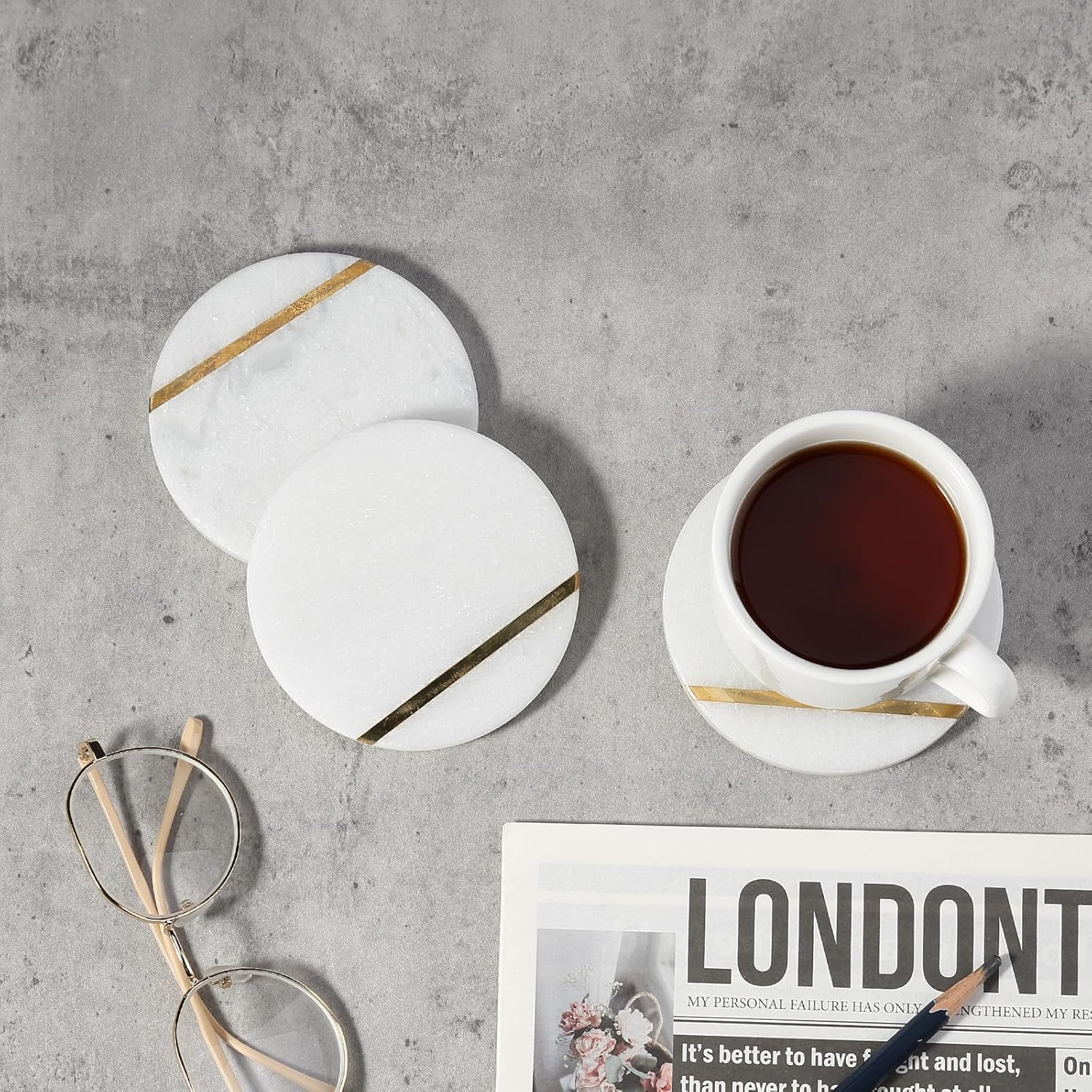 4" Stone Coaster for Drinks Coffee / White&gold / Set of 4