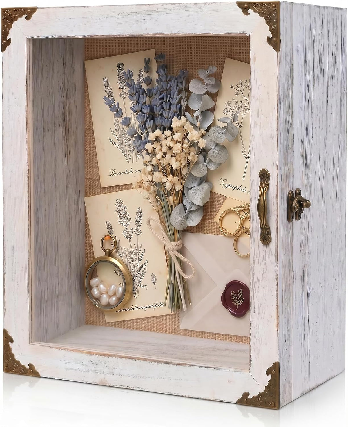 Deep Shadow Box Frame 8x10 with 3.5" Depth, White Wood Display Case with Real Glass Door, Vintage Lock, Extra Deep