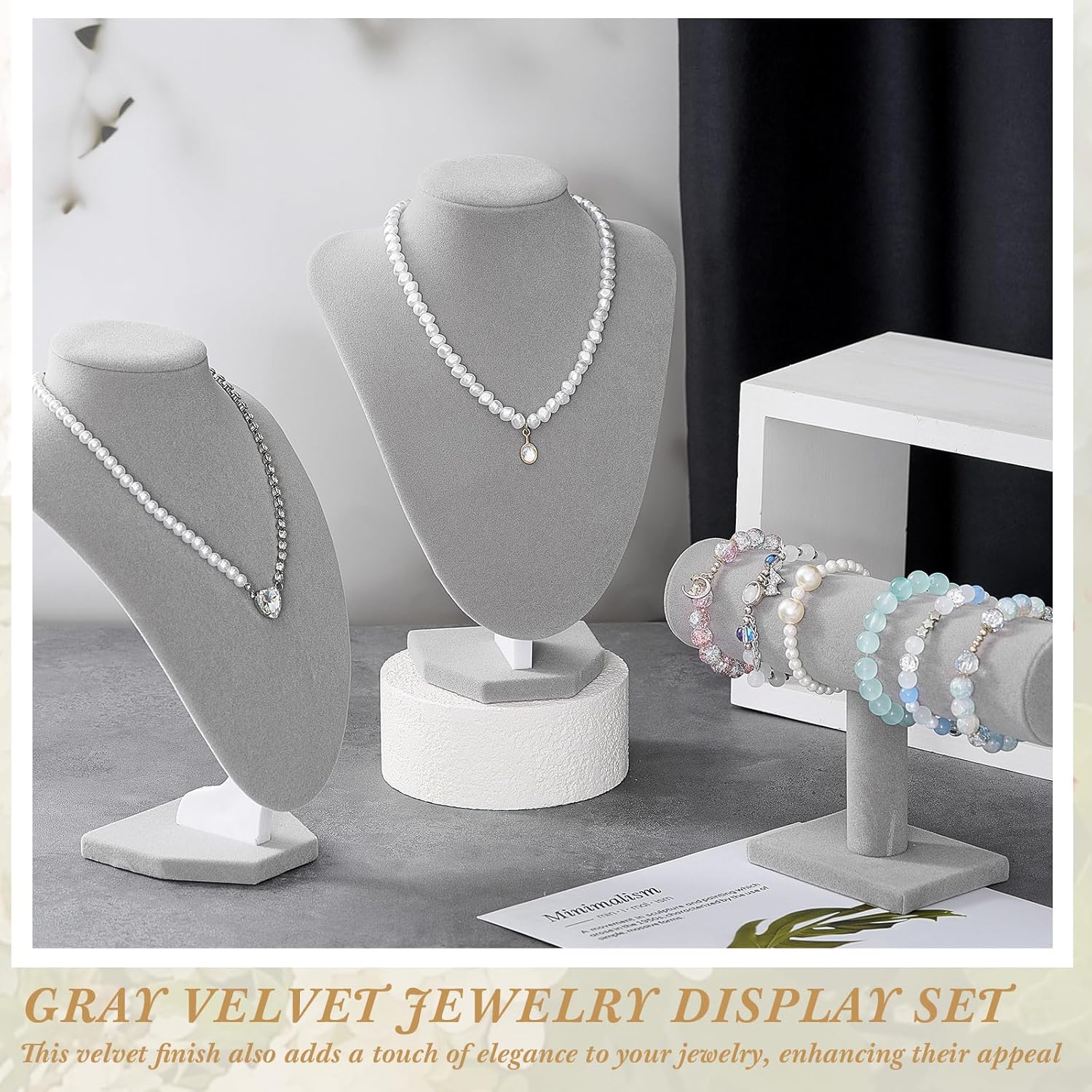Jewelry Display Set Necklace Display Stand T Bar Bracelet Holder Jewelry / Gray / Velvet / Set of 6