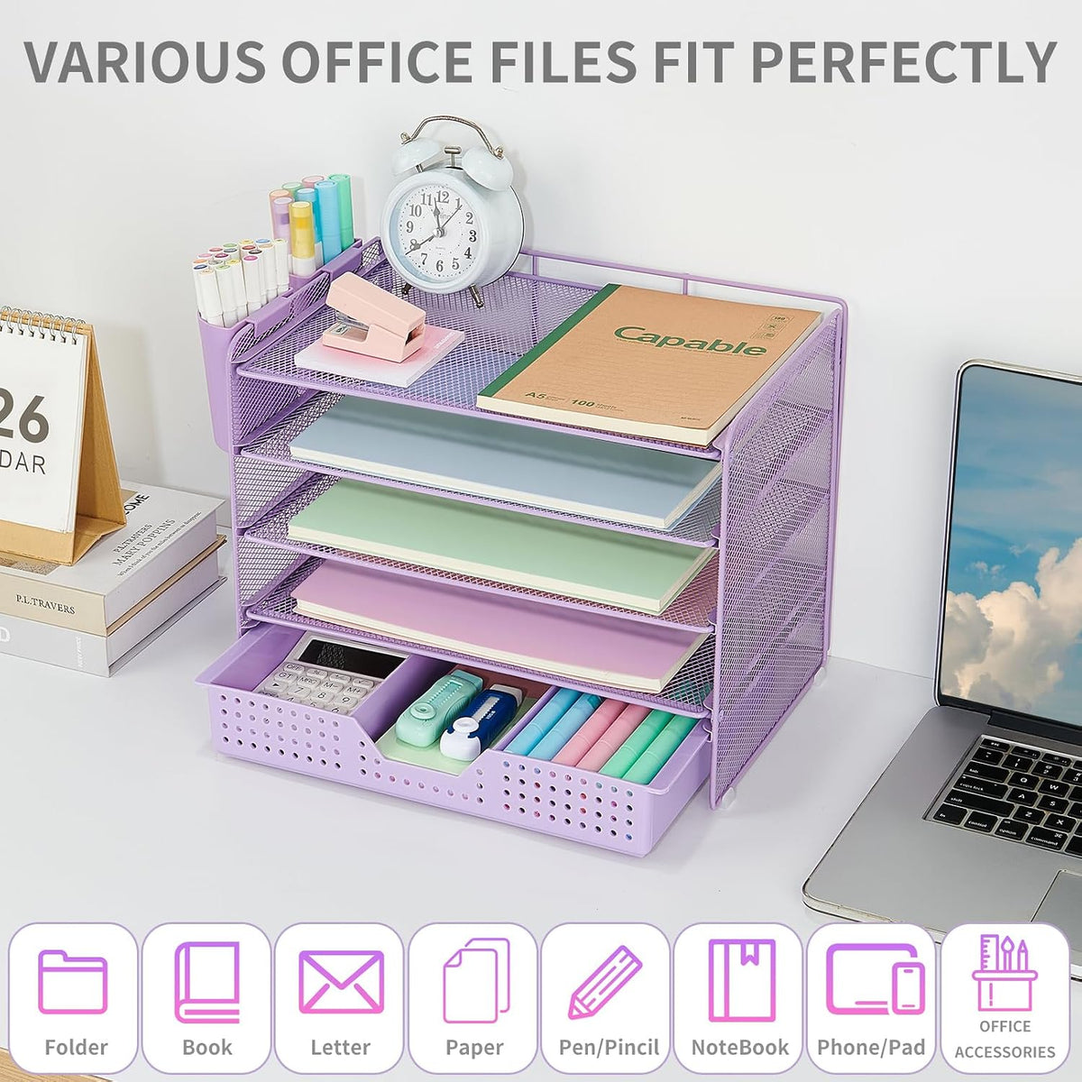 LEKETREE Desk Organizers and Accessories, 5-Tier Paper Letter Tray Organizer with Drawer & 2 Pen Holders, Desktop