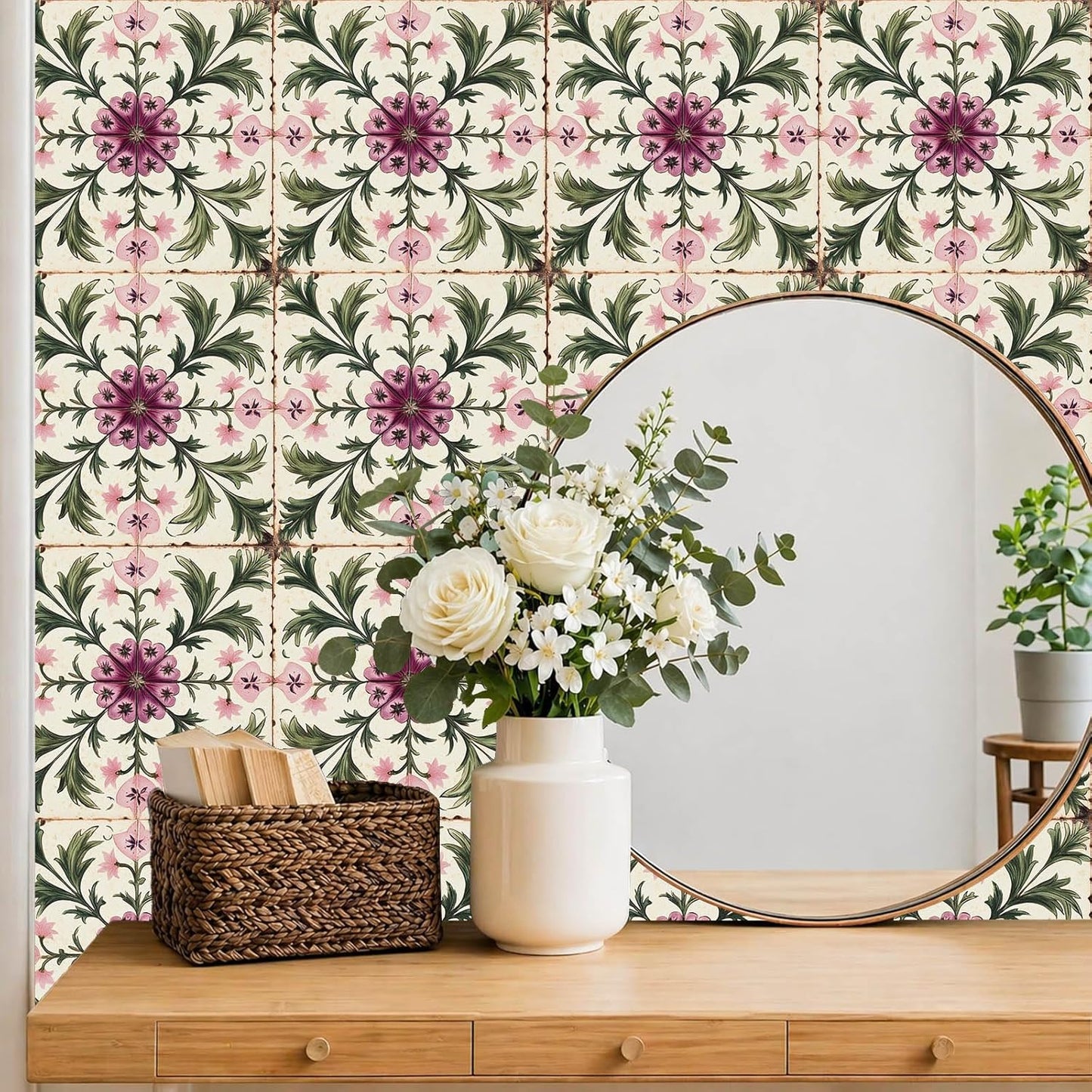 Vintage Peony Vine Pattern Peel and Stick Floor Tiles / 12 x 12 / Set of 10