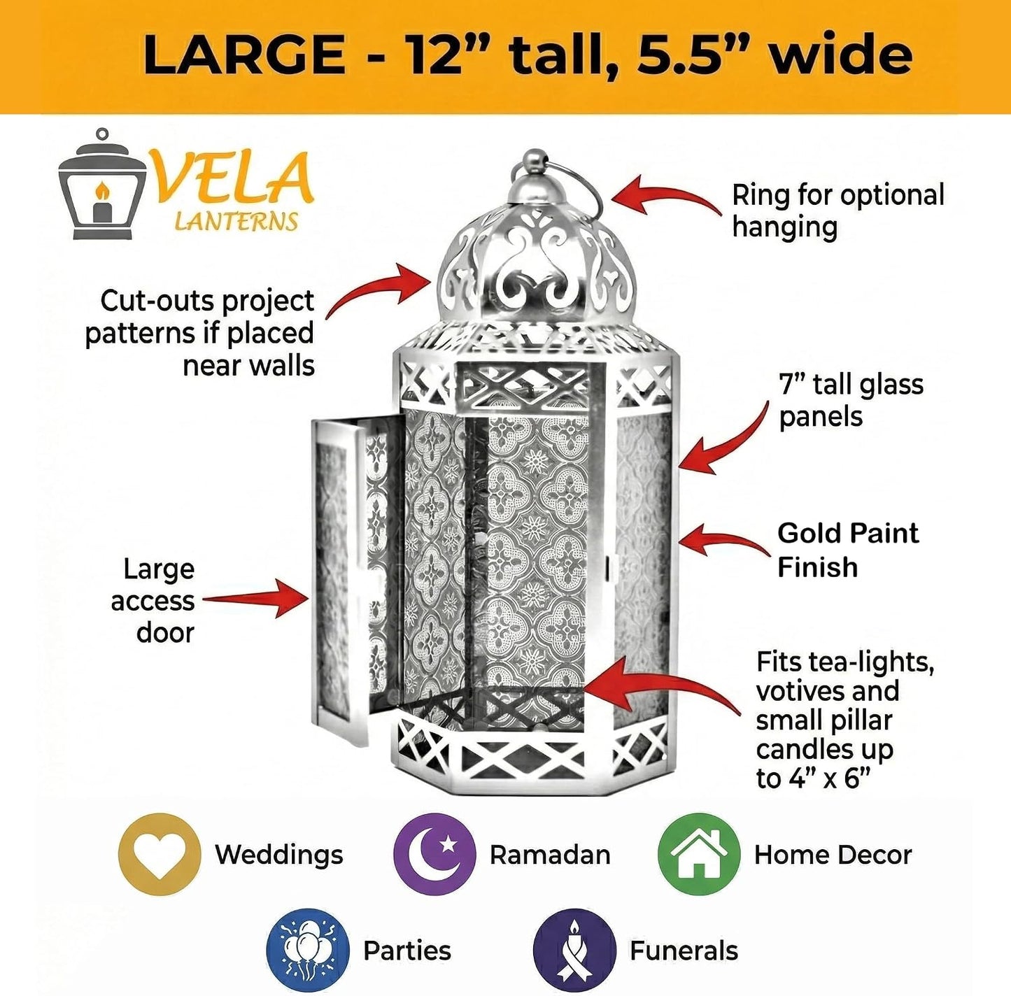 VELA LANTERNS 6-Pack Gold Metal Moroccan Decorative Candle Lantern Holder for Hanging or Table Centerpieces, Exotic
