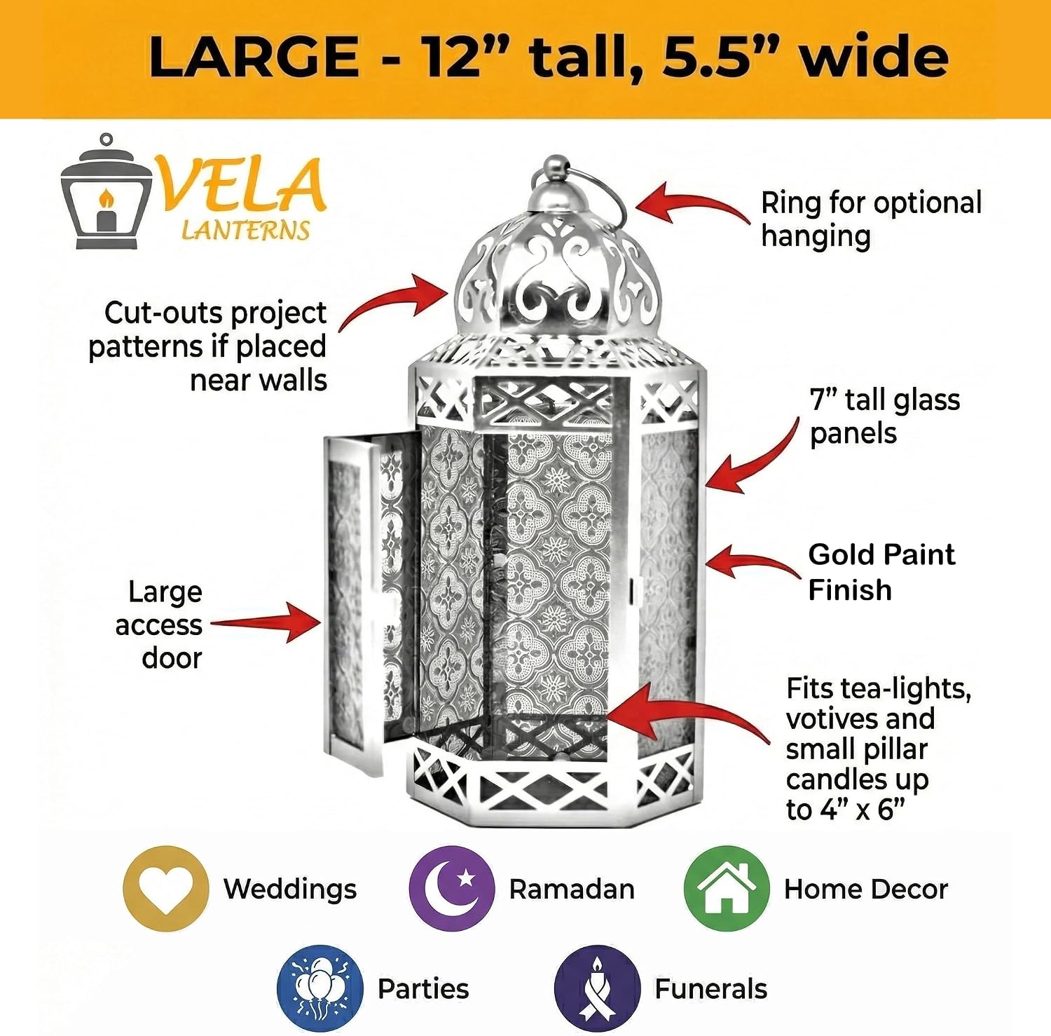 VELA LANTERNS 6-Pack Gold Metal Moroccan Decorative Candle Lantern Holder for Hanging or Table Centerpieces, Exotic