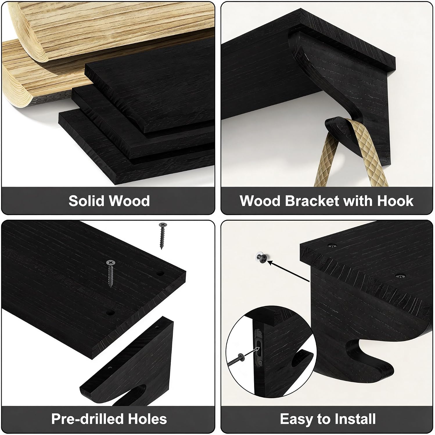 Floating Shelves / Solid Wood Shelves Wall Mount / Black / 17 Inch / Set of 3